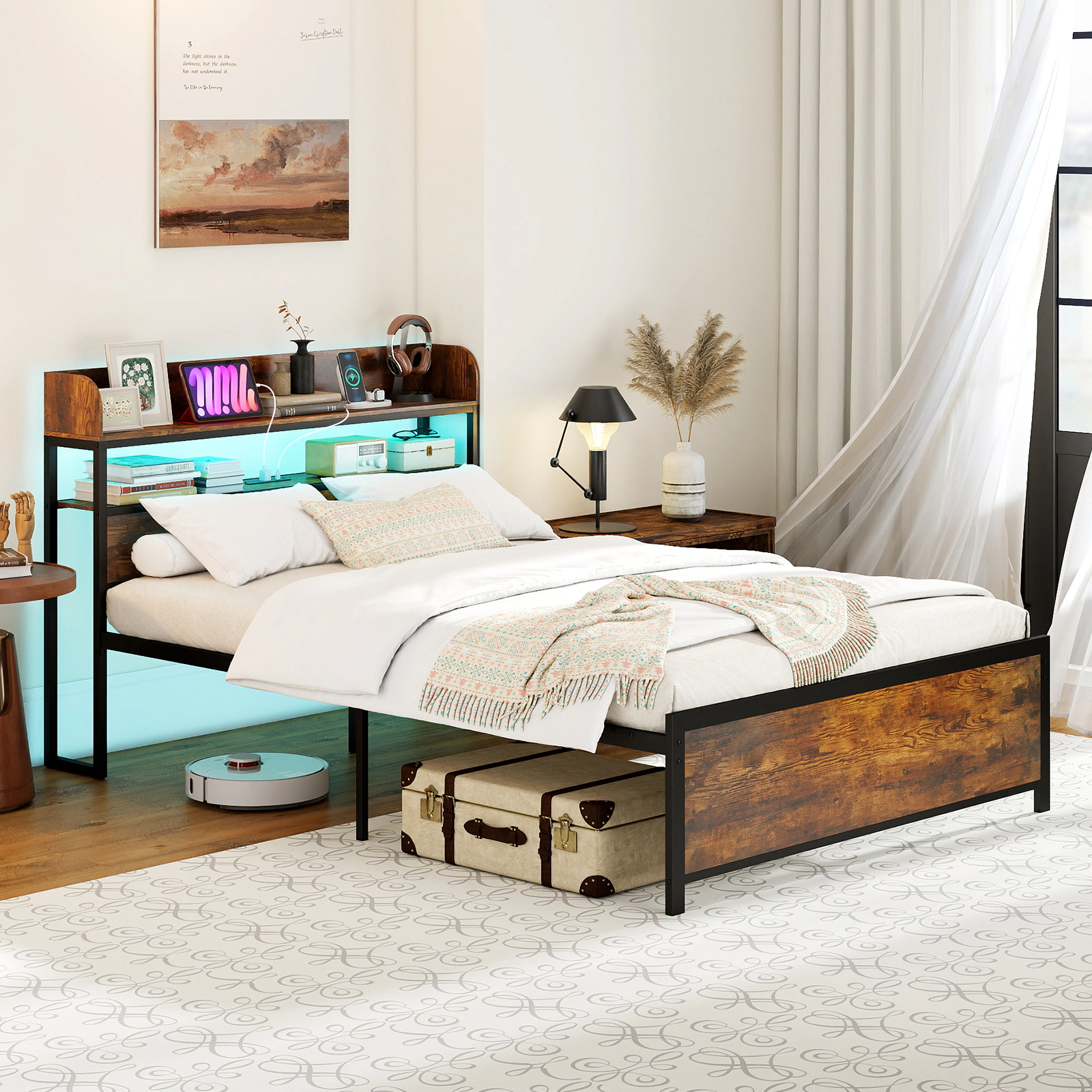 SUGIFT LED Storage Headboard Bed Frame with Power Outlets Full Size 1000-lb Capacity Rustic Brown
