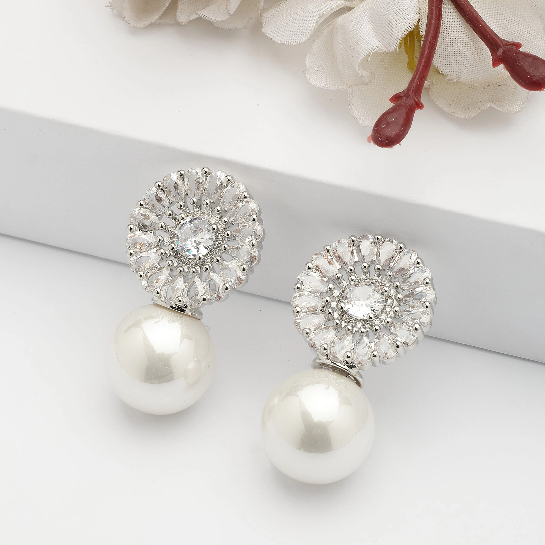 AGP PARIS Womens Duet of Pearl and Sparkle Drop Earrings