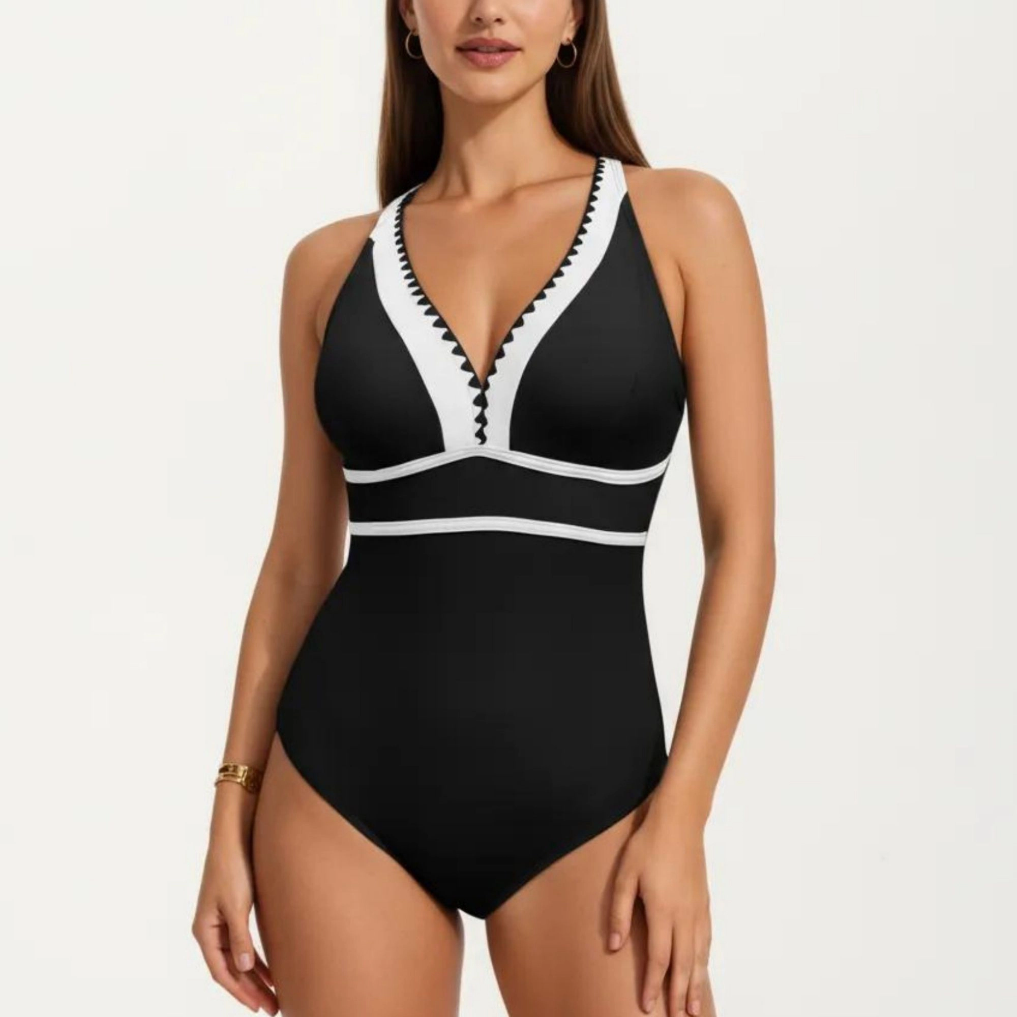 Anna-Kaci Womens Deep V-Neck Contrast Trim One-Piece Swimsuit
