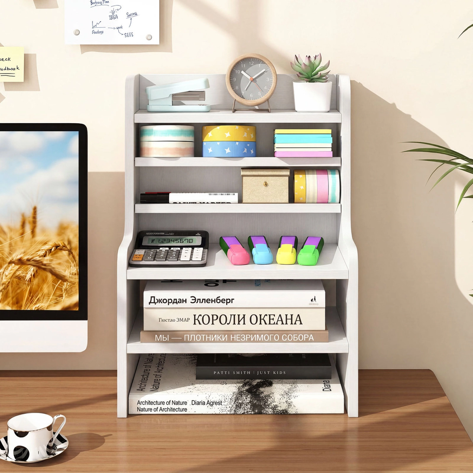 SUGIFT 6-Tier 55-lb Capacity White Mini Desktop Bookshelf Organizer with 2 Removable Shelves