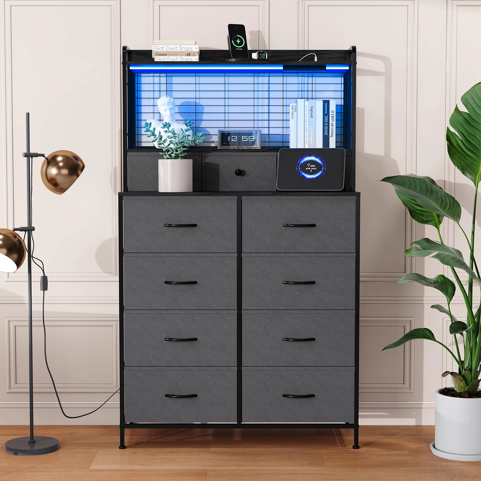 11 Drawer Fabric Dresser with Wireless Charging, App-Controlled RGB LED Lights & Open Shelf