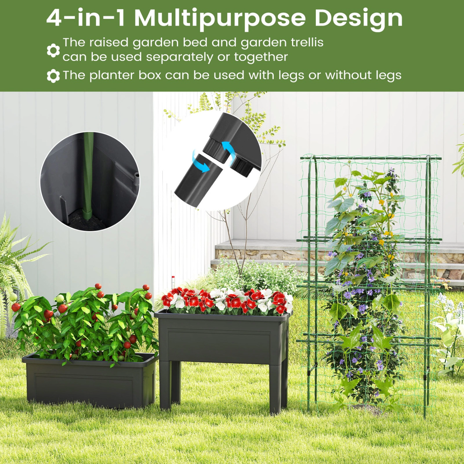 SUGIFT 9.2-gal 66-lb Capacity Self Watering Raised Garden Bed with U-Shape Climbing Trellis and Detachable Legs