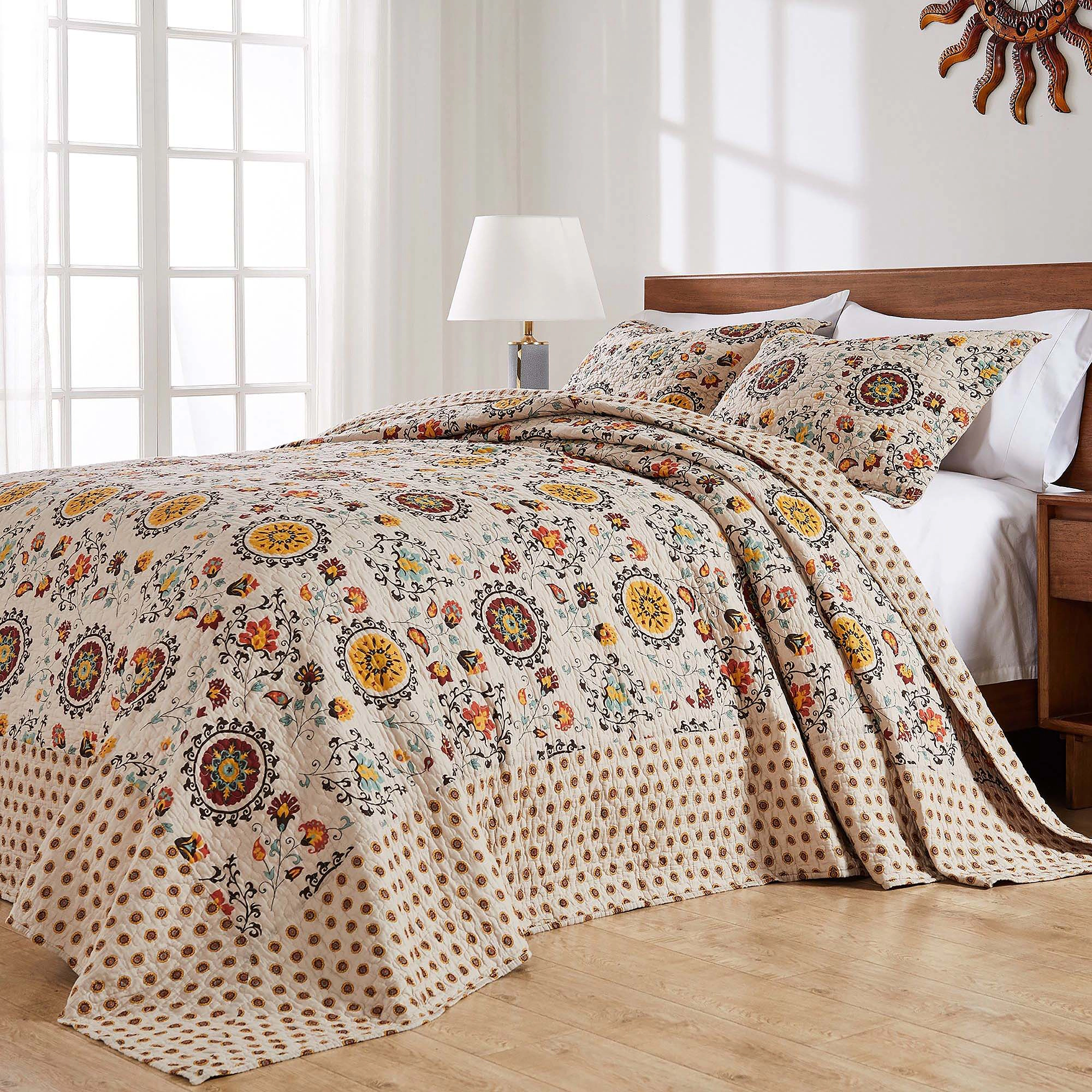 Greenland Home Fashions Andorra Cotton Traditional Bedspread Set Jumbo Sized Reversible Quilt Set 3 Piece
