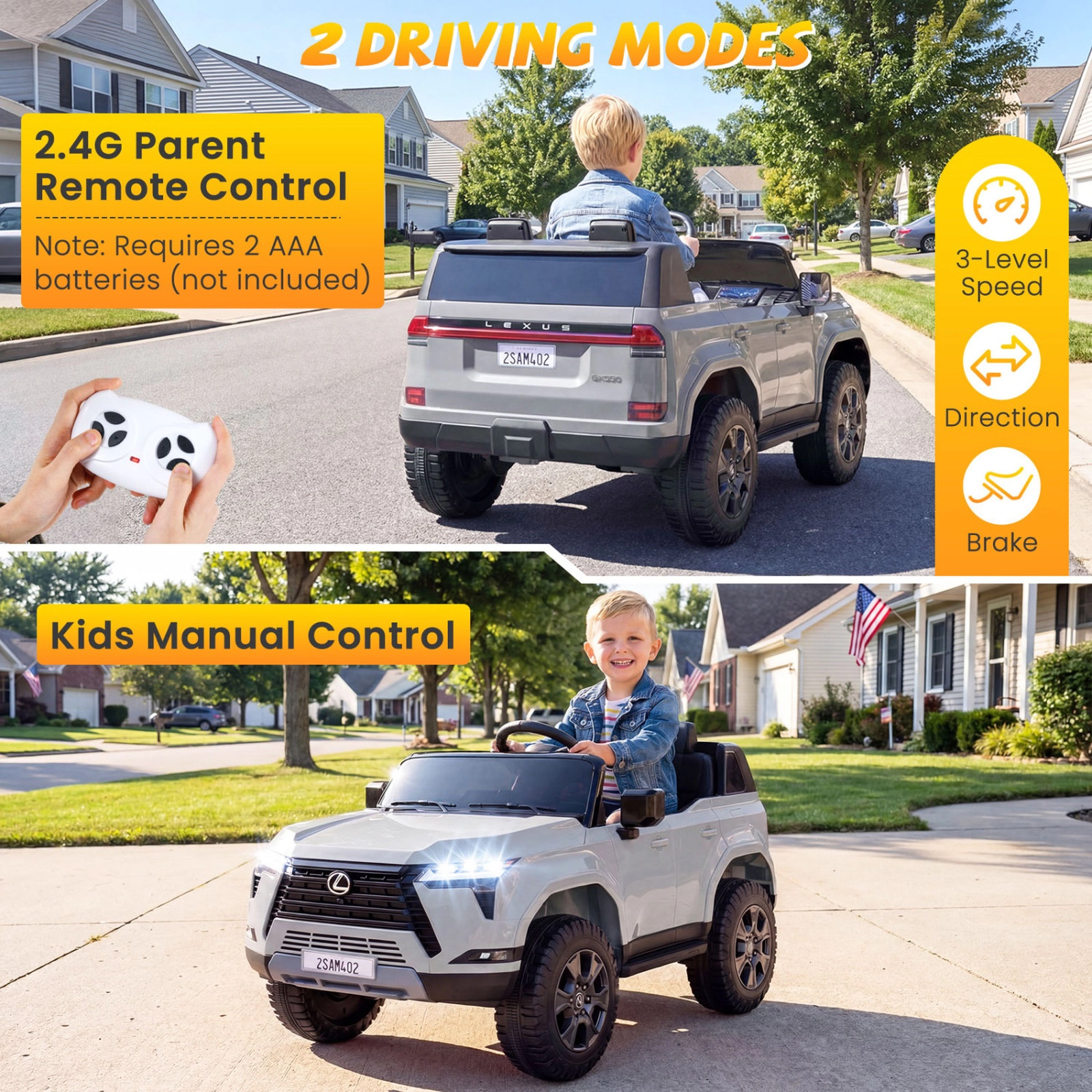 SUGIFT 24V 4WD Licensed LEXUS GX550 Ride-On Car with Remote 110-lb Capacity Ages 3+ Black Gray Pink White