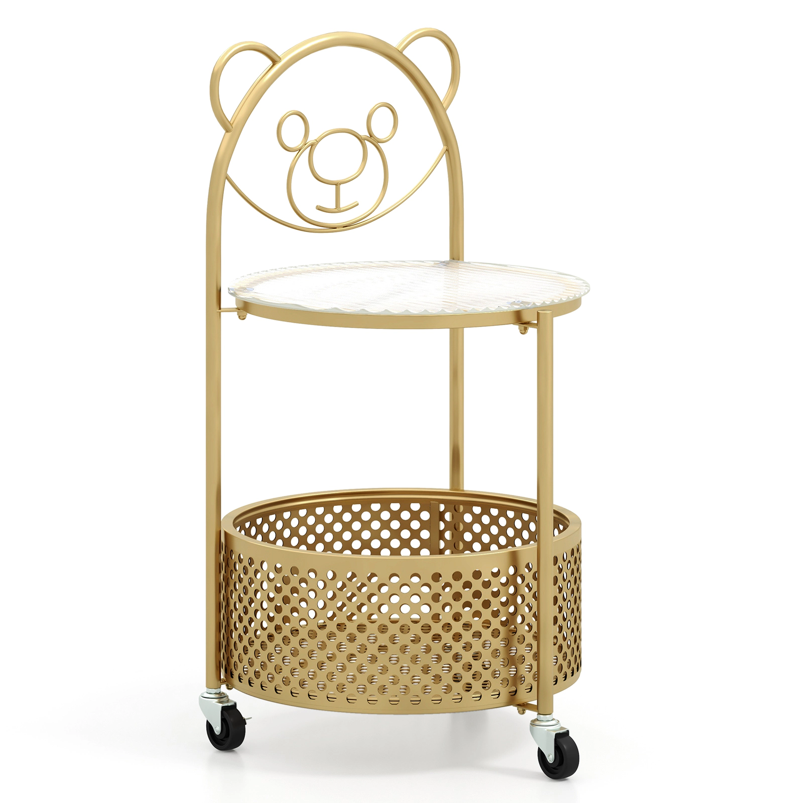 SUGIFT Glass Top and Basket Modern Sofa Side Table on Lockable Wheels