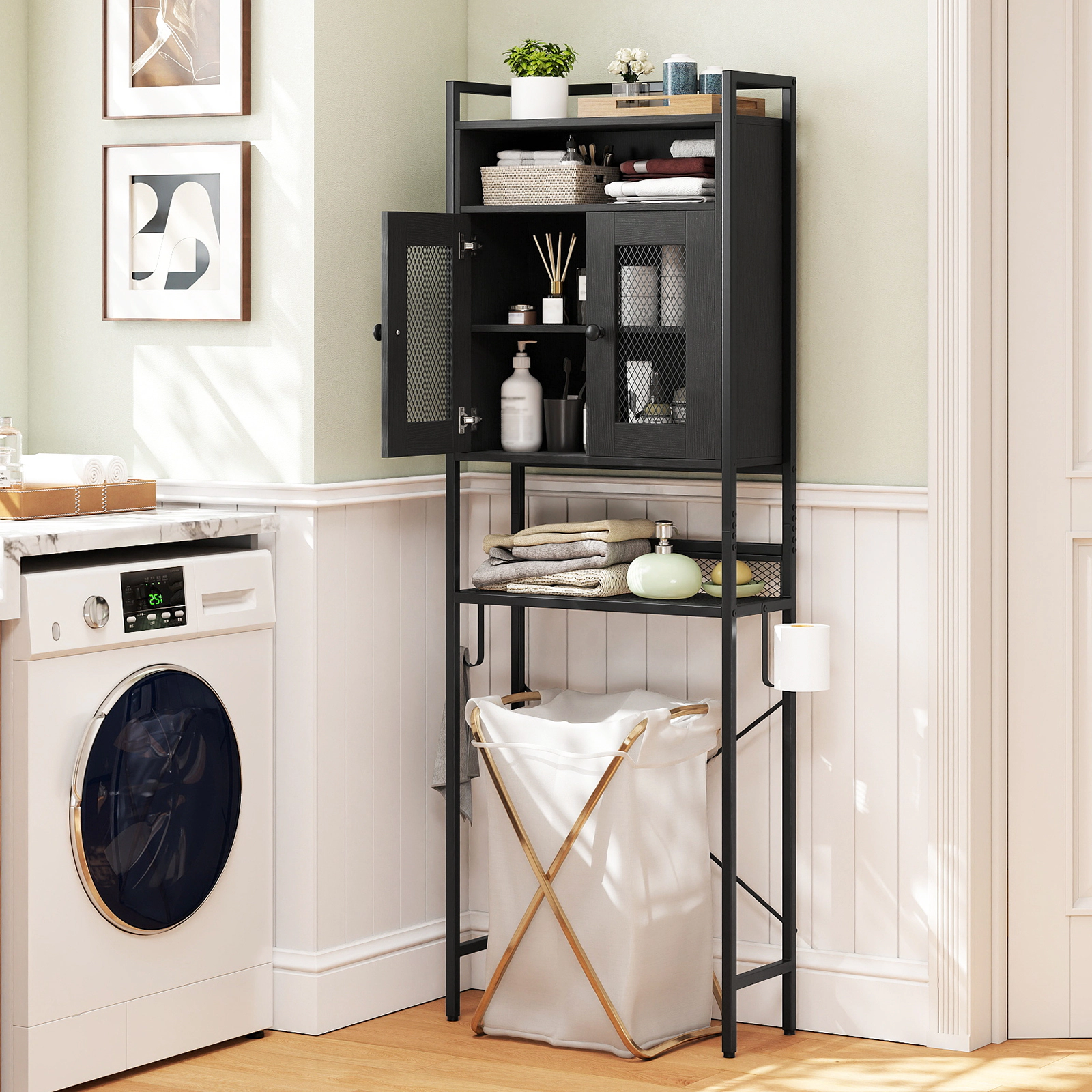 SUGIFT Over-The-Toilet Storage Cabinet with Heavy-Duty Metal Frame 2-Door Freestanding Rustic Brown/Black