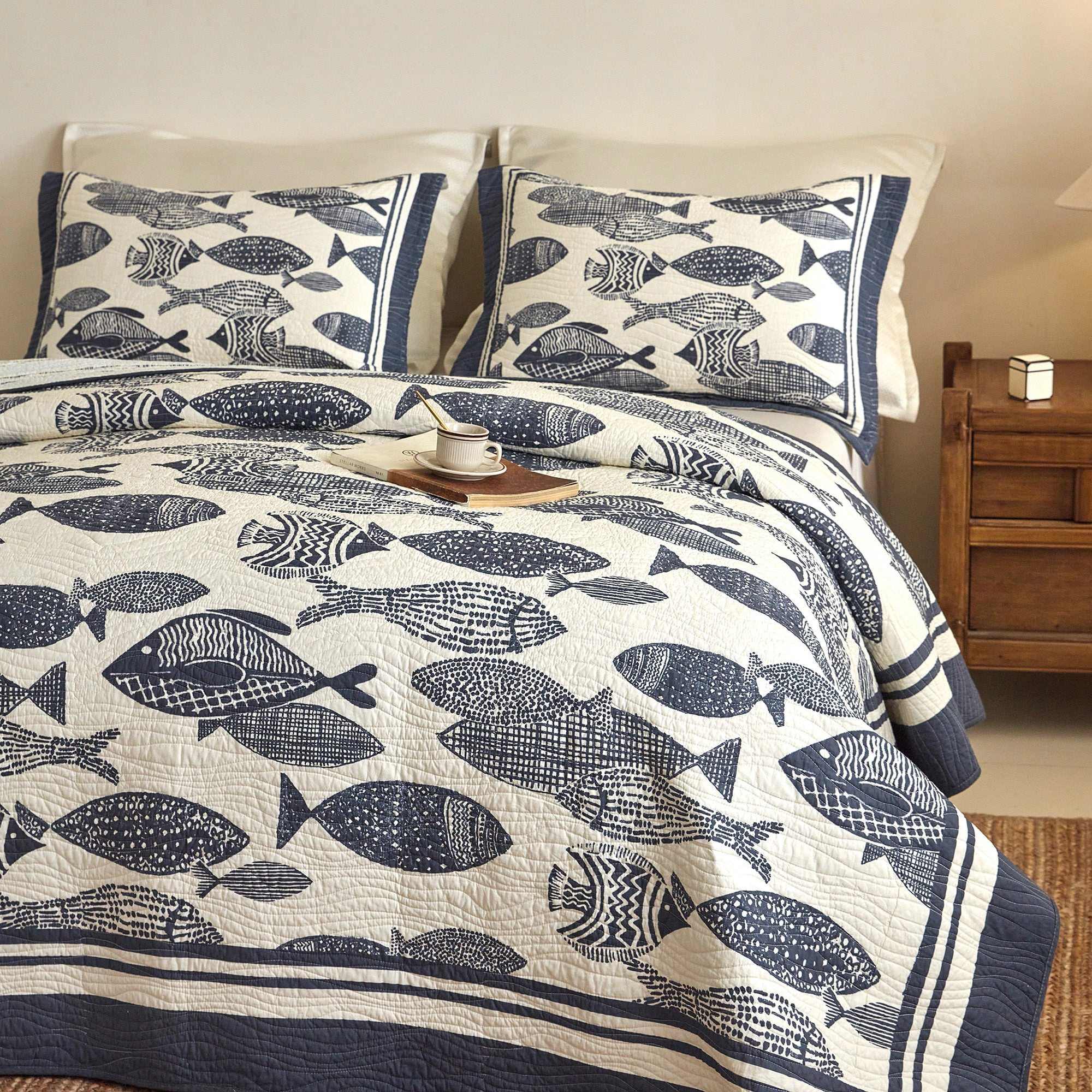 MarCielo 3 Pieces 100% Cotton Nautical Fish Print Quilt Set – Coastal Bedspread Set