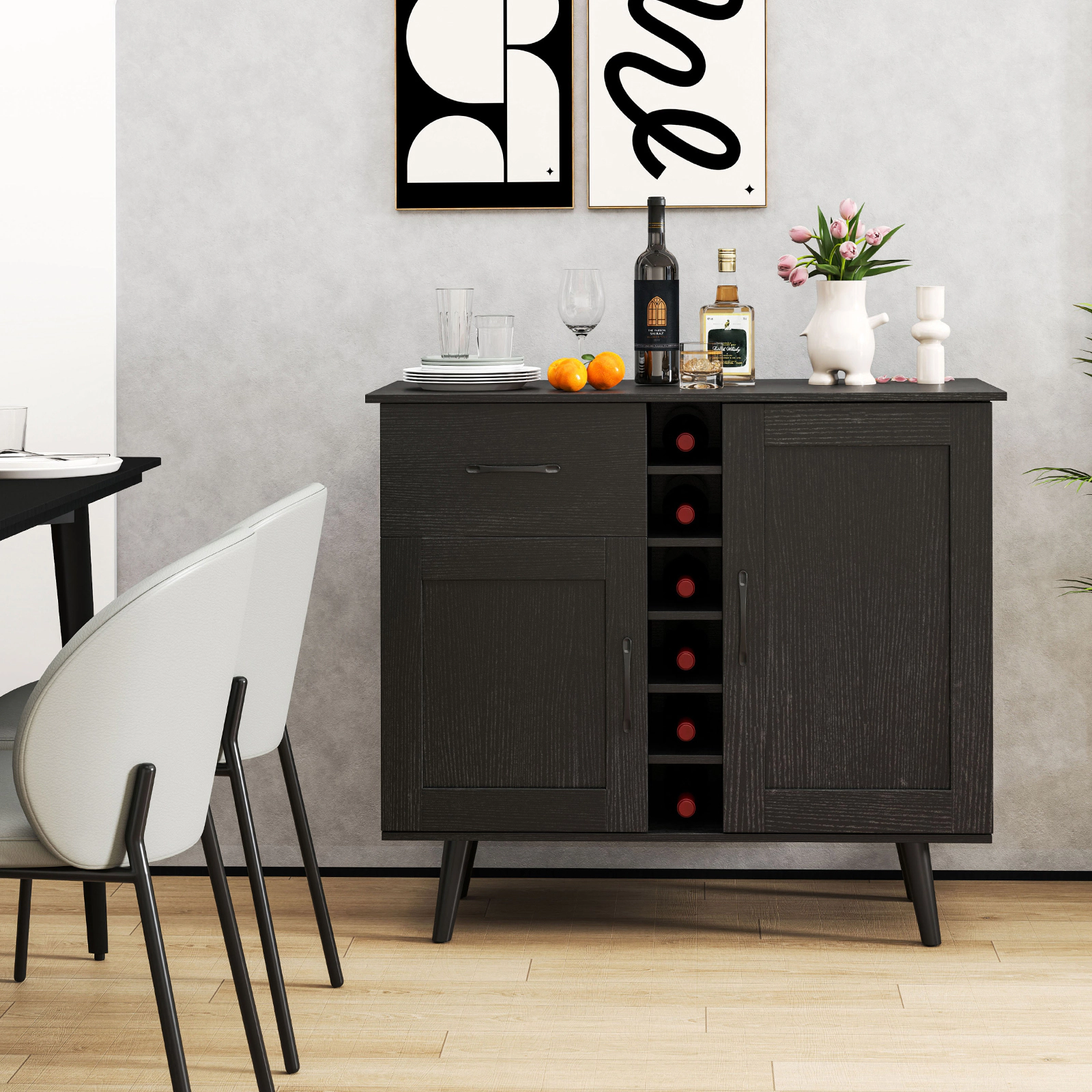 SUGIFT Modern Wine Bar Buffet Cabinet with 6-Bottle Wine Rack 125-lb Tabletop Capacity Black