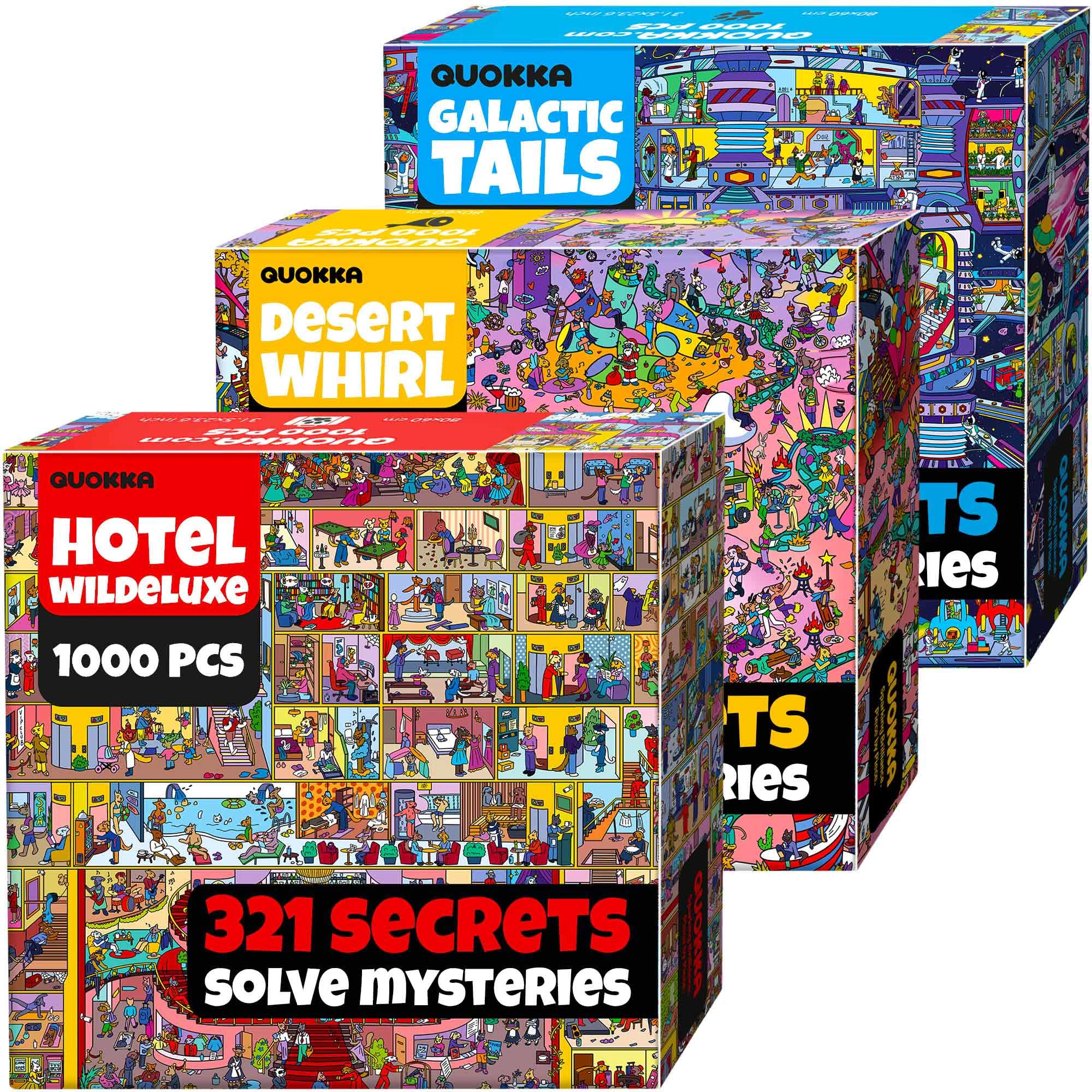 QUOKKA 1000-Piece Jigsaw Puzzle Set for Adults, 3-Pack, Desert Whirl, Galactic Tails & Hotel Wildeluxe with Hidden Challenges & Audio Stories