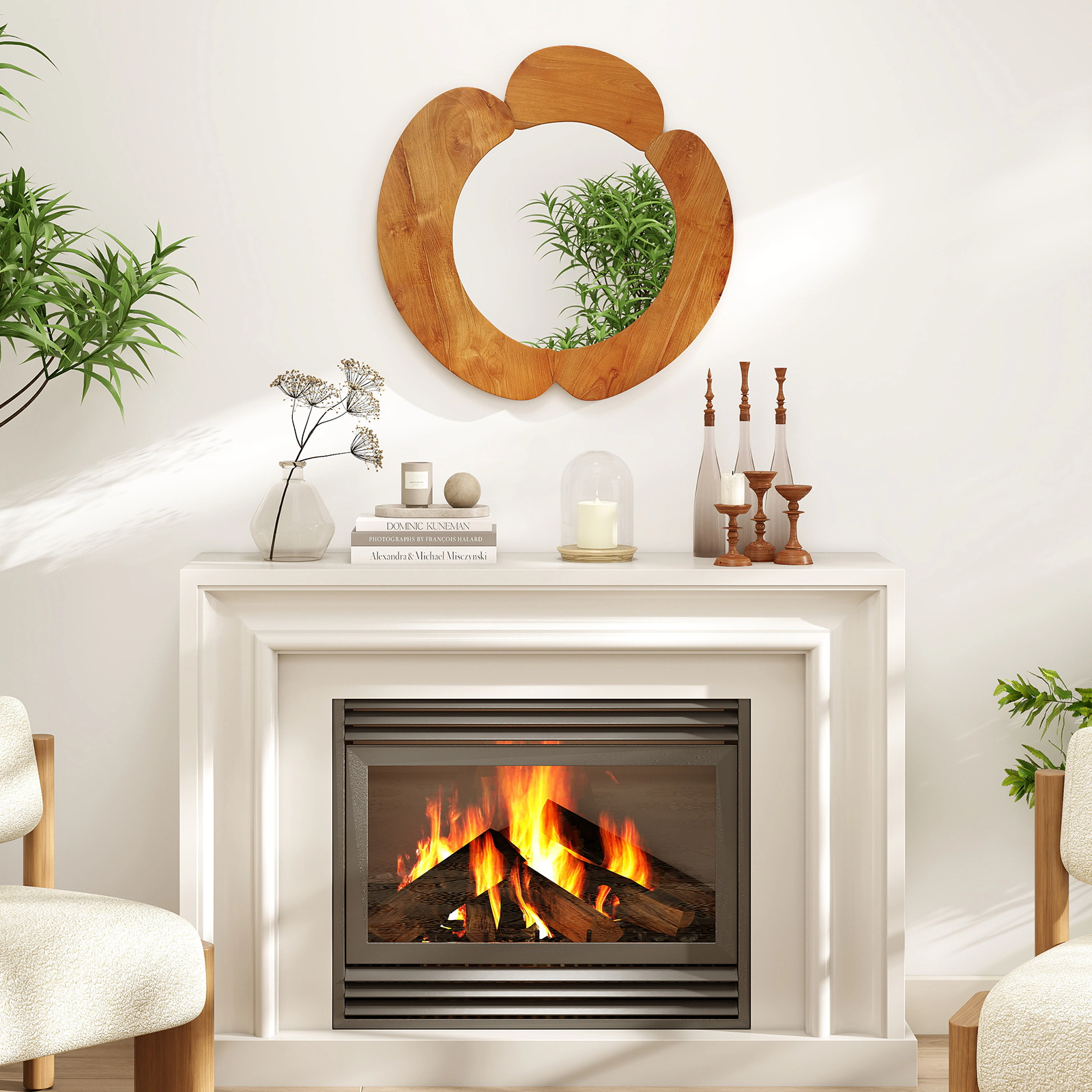Slickblue 29 Inch Round Irregular Wall Mirror with Teak Wood Frame for Living Room and Bathroom