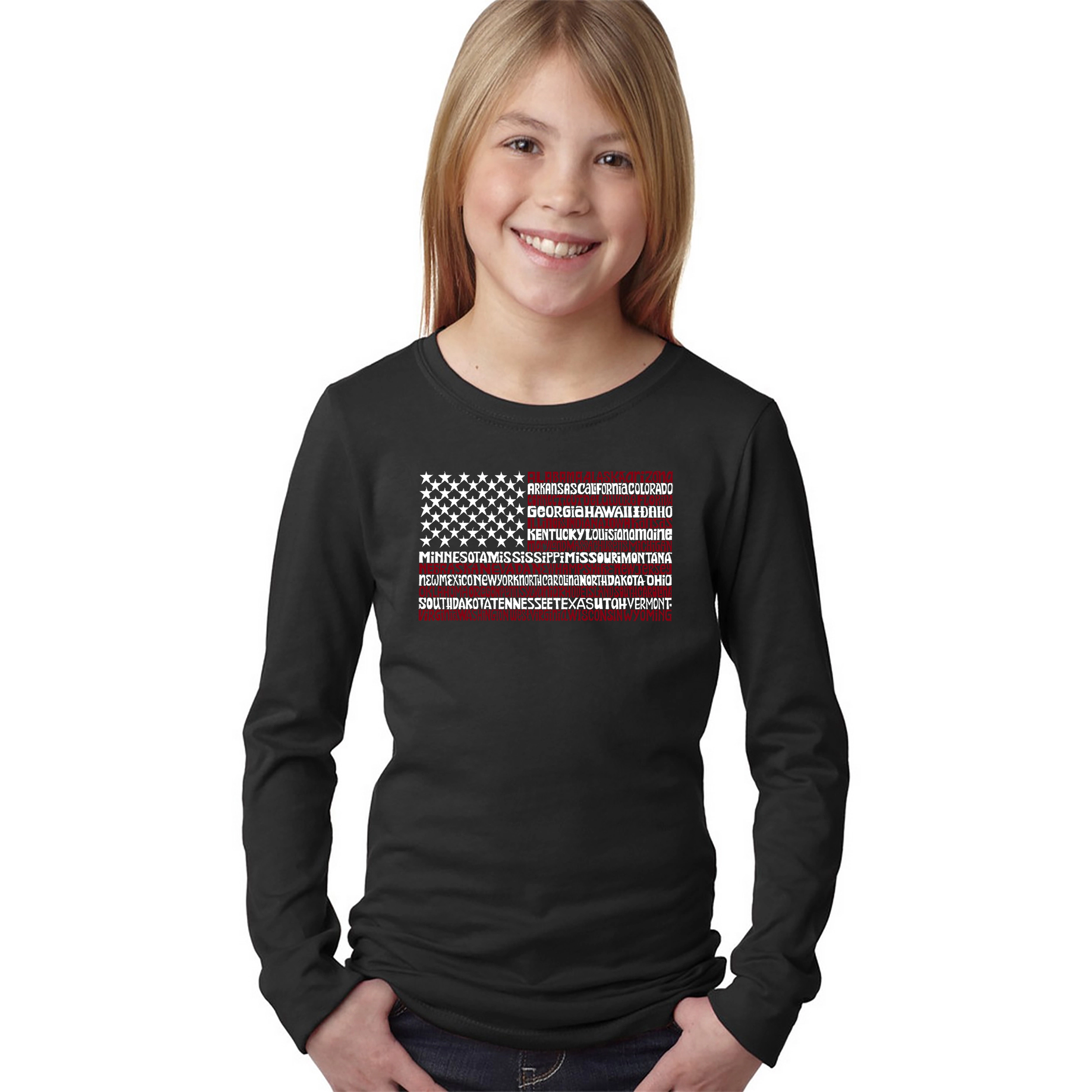 LA Pop Art Girls Long Sleeve Word T-Shirt - 50 States USA Flag