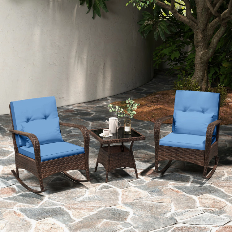 Hivvago 3 Pieces Outdoor Rocking Set With Tempered Glass Coffee Table For Backyard Poolside-Navy