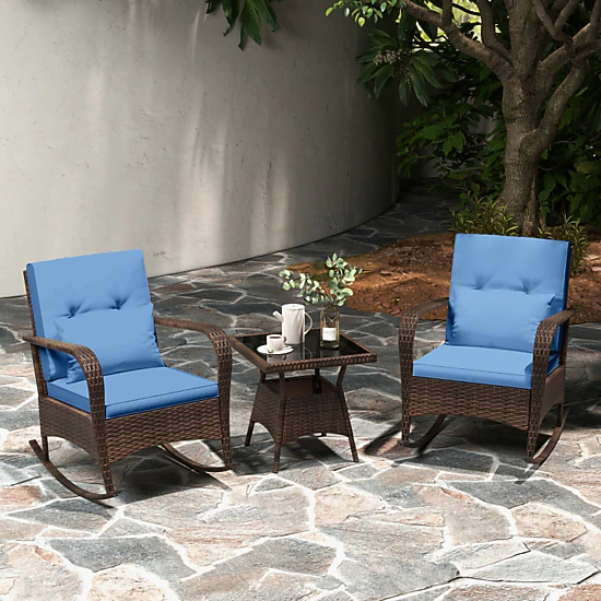 Hivvago 3 Pieces Outdoor Rocking Set With Tempered Glass Coffee Table For Backyard Poolside-Navy