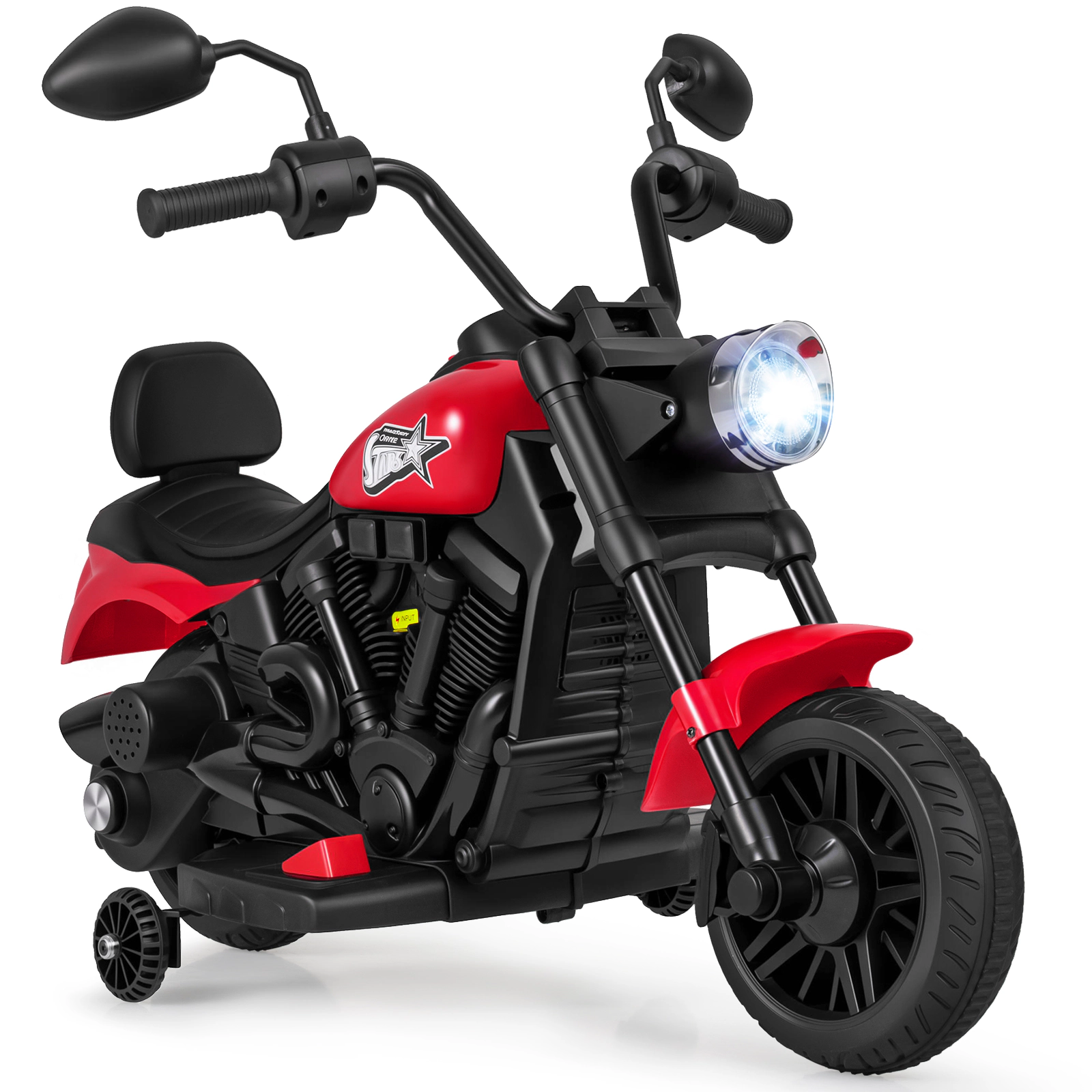 SUGIFT 6V Ride-On Kids Motorcycle with Headlight Music Training Wheels 66-lb Capacity Ages 3+ 31-in Long Red