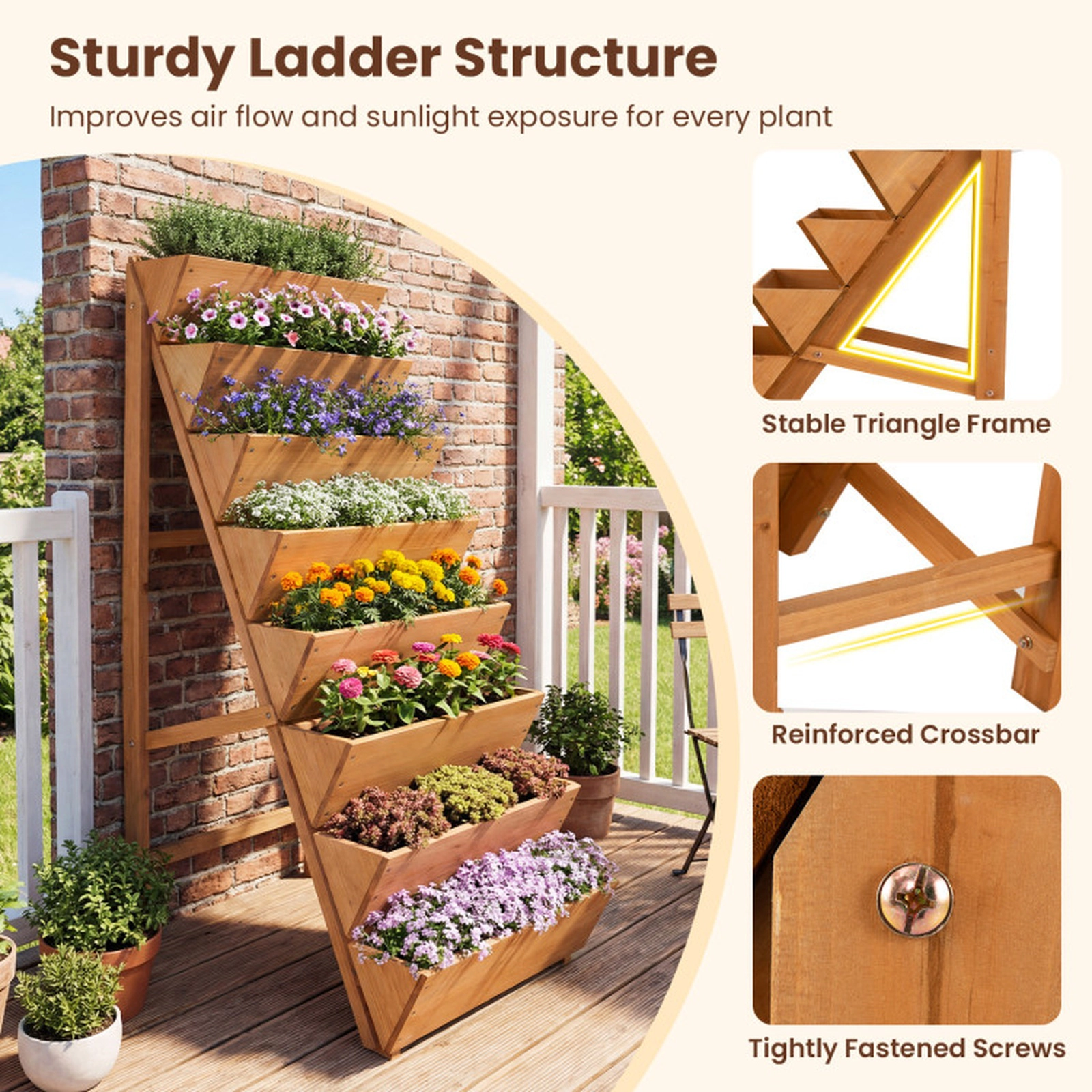 SUGIFT 8-Tier 33-lb Per-Box Fir Wood Vertical Raised Garden Bed Elevated Planter with Ladder Frame and Legs
