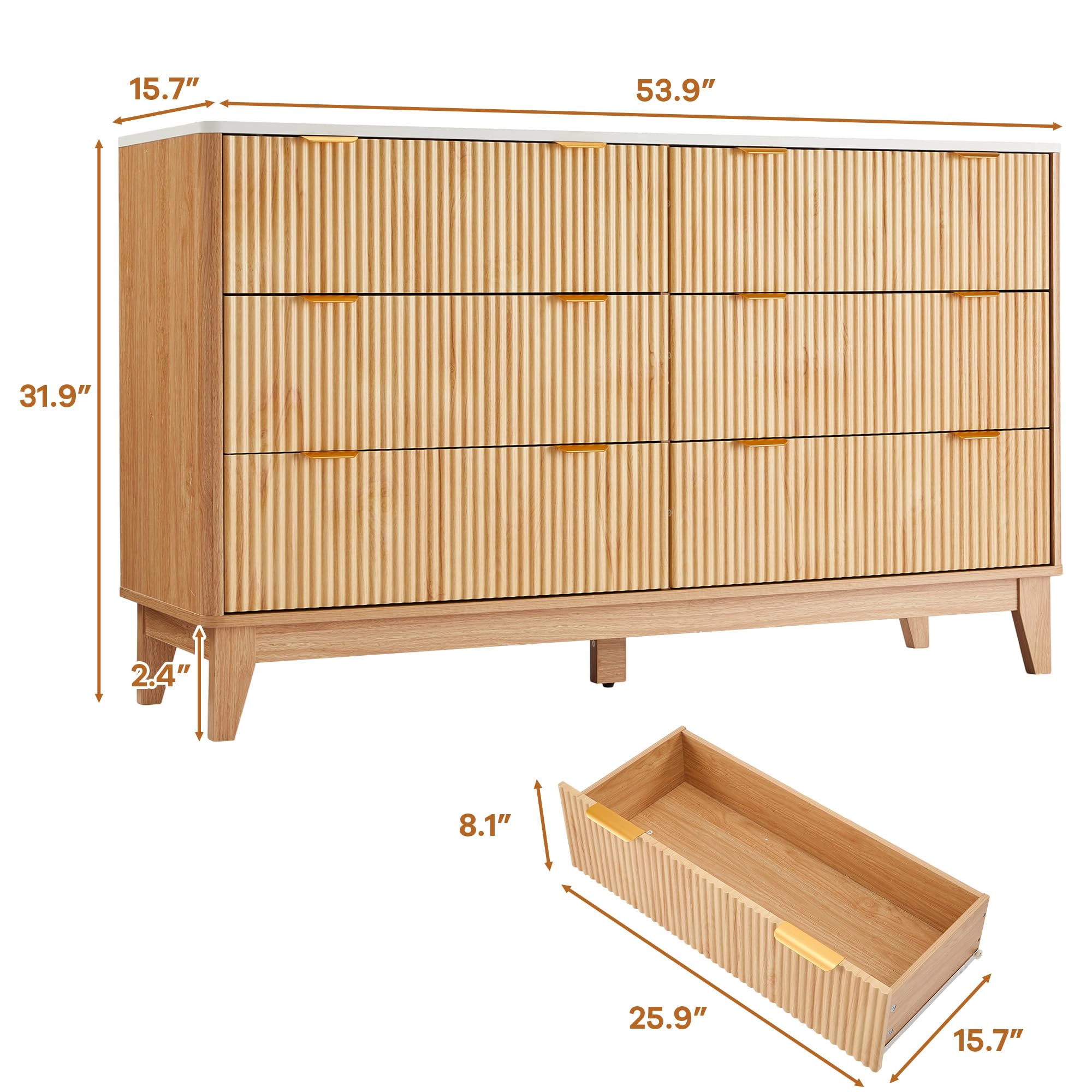 6-Drawer Dresser with Fluted Design and Gold Accents, 54" Wide Wood Storage Chest for Bedroom Living Room Entryway