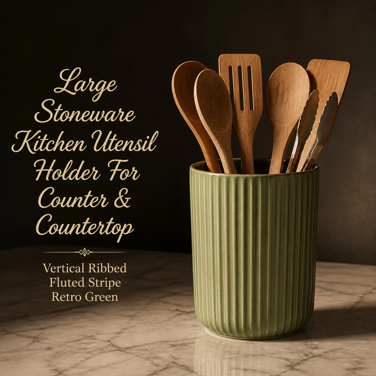WZK Large Stoneware Farmhouse Ribbed Crock Kitchen Utensil Holder