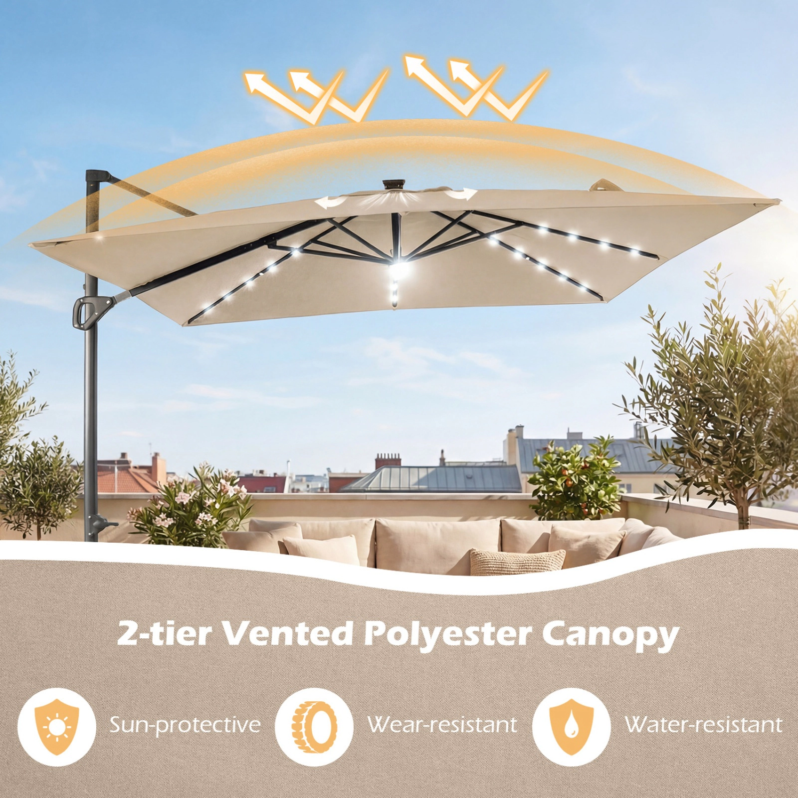 SUGIFT Solar LED Cantilever Patio Umbrella with Crank Lift 10-ft Canopy with 360-Degree Rotation and Tilt Beige