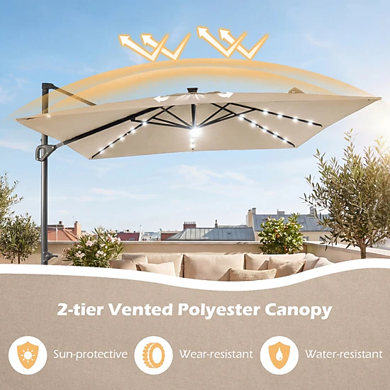 SUGIFT Solar LED Cantilever Patio Umbrella with Crank Lift 10-ft Canopy with 360-Degree Rotation and Tilt Beige