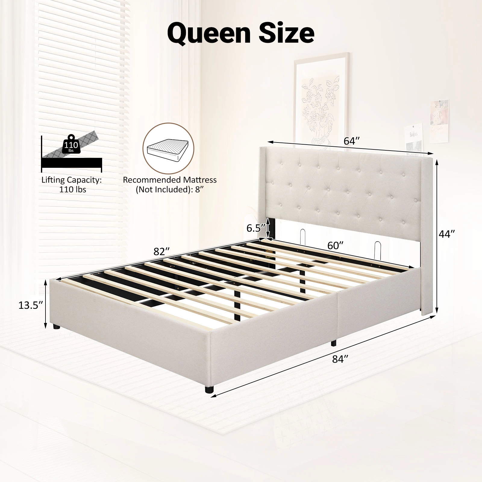 LJG Queen Lift-up Storage Bed Modern Linen Upholstered Platform