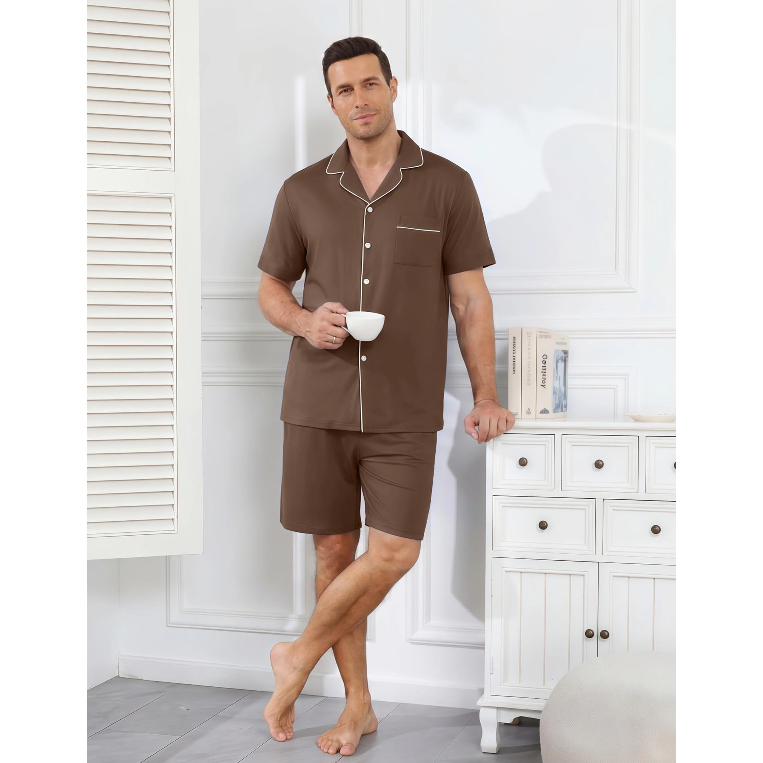 Ekouaer Mens Pajamas Set Summer Short Sleeve Button Up Pjs 2 Piece Sleepwear with Pockets