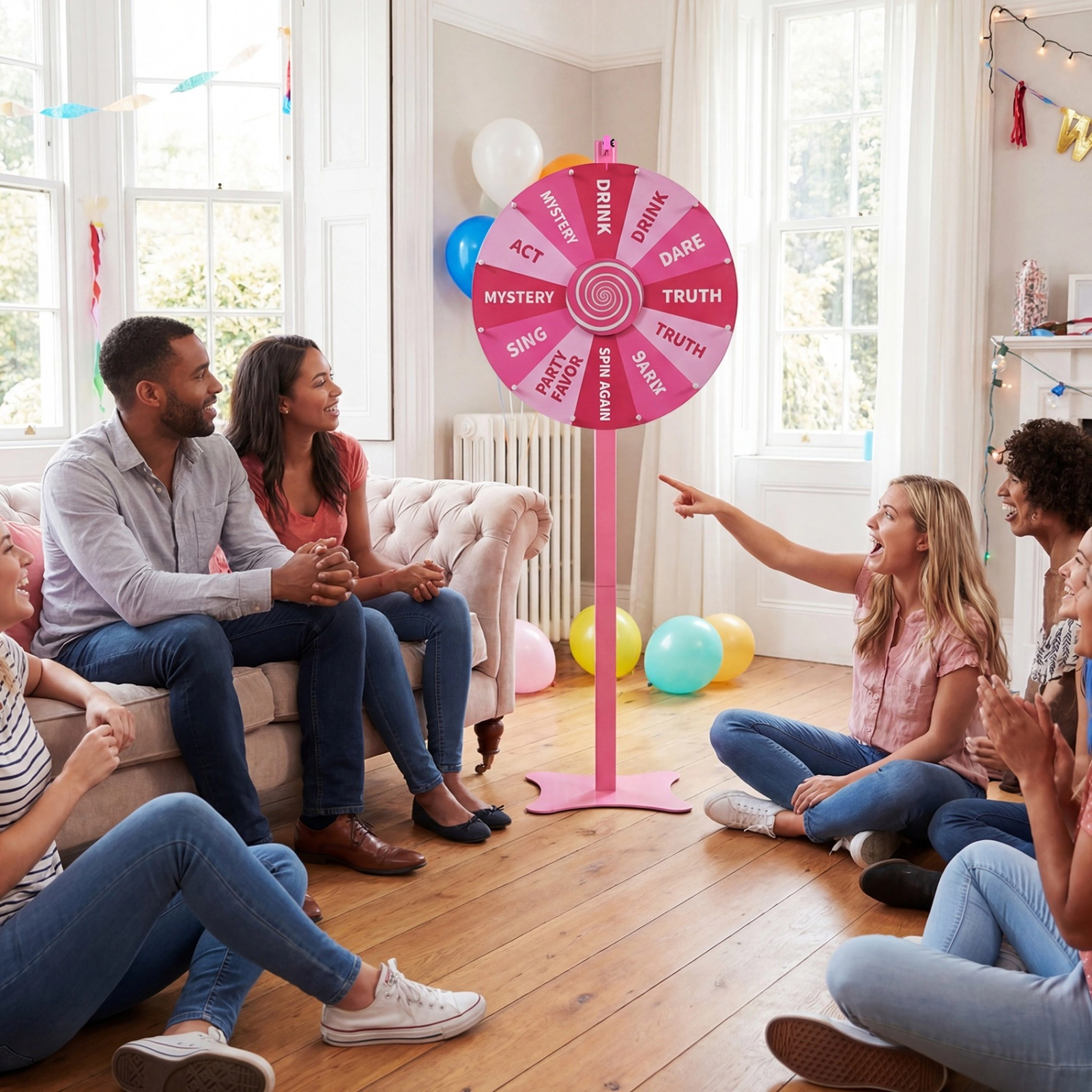 SUGIFT Adjustable 24-in Prize Wheel Game with Blackboard Marker and Eraser for Tabletop or Floor Use Pink