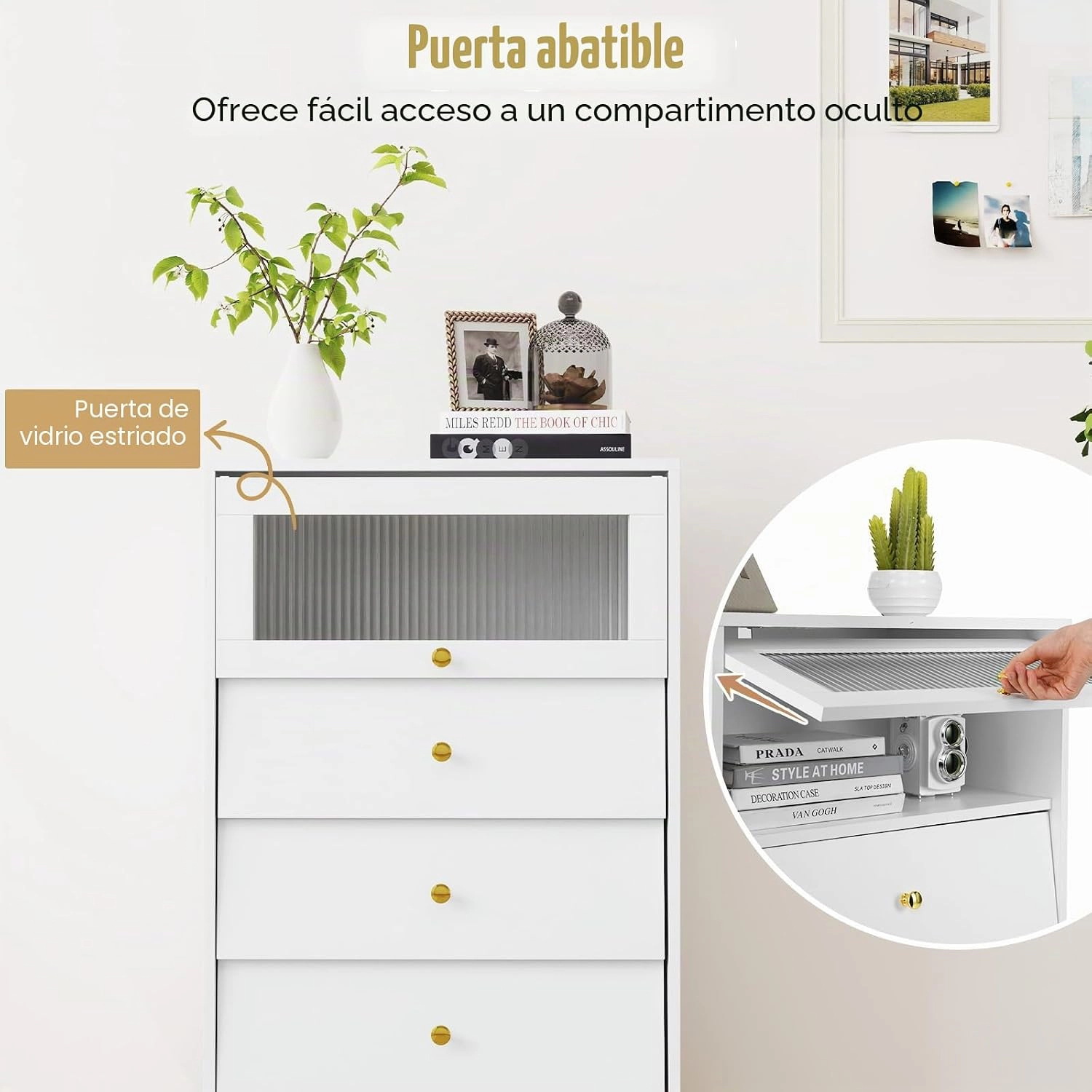 Slickblue Storage Cabinet with Fluted Glass Door and Three Pull Out Drawers