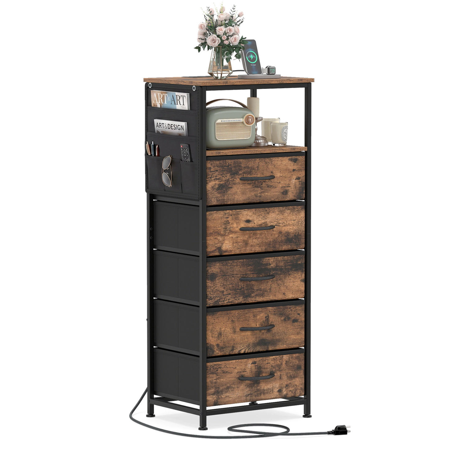 LJG Nightstand with Integrated Charging Station 39 Inches Modern Bedside Table