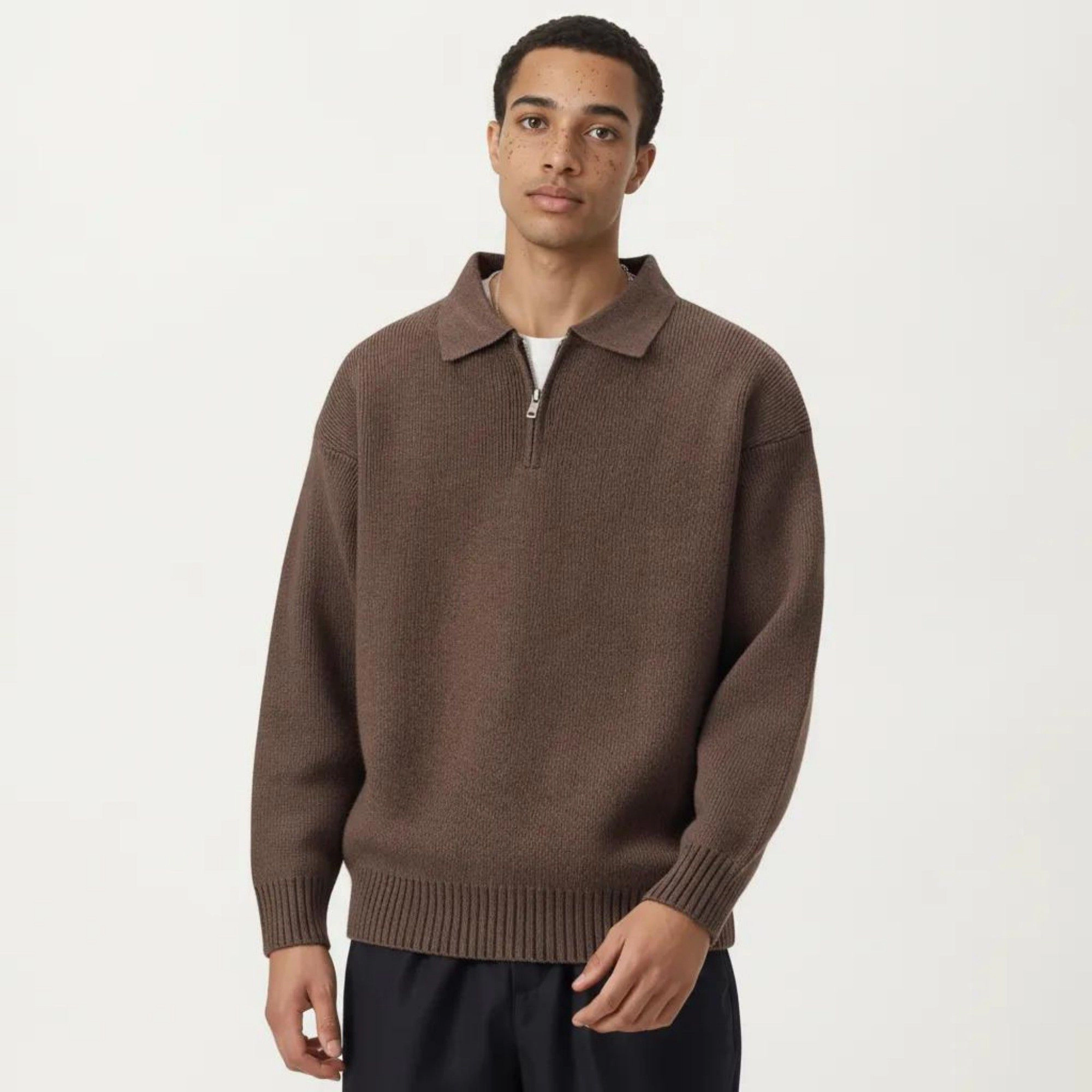 Anna-Kaci Men's Long Sleeve Collared Quarter Zip Knit Pullover Sweater with Ribbed Trim and Relaxed Fit