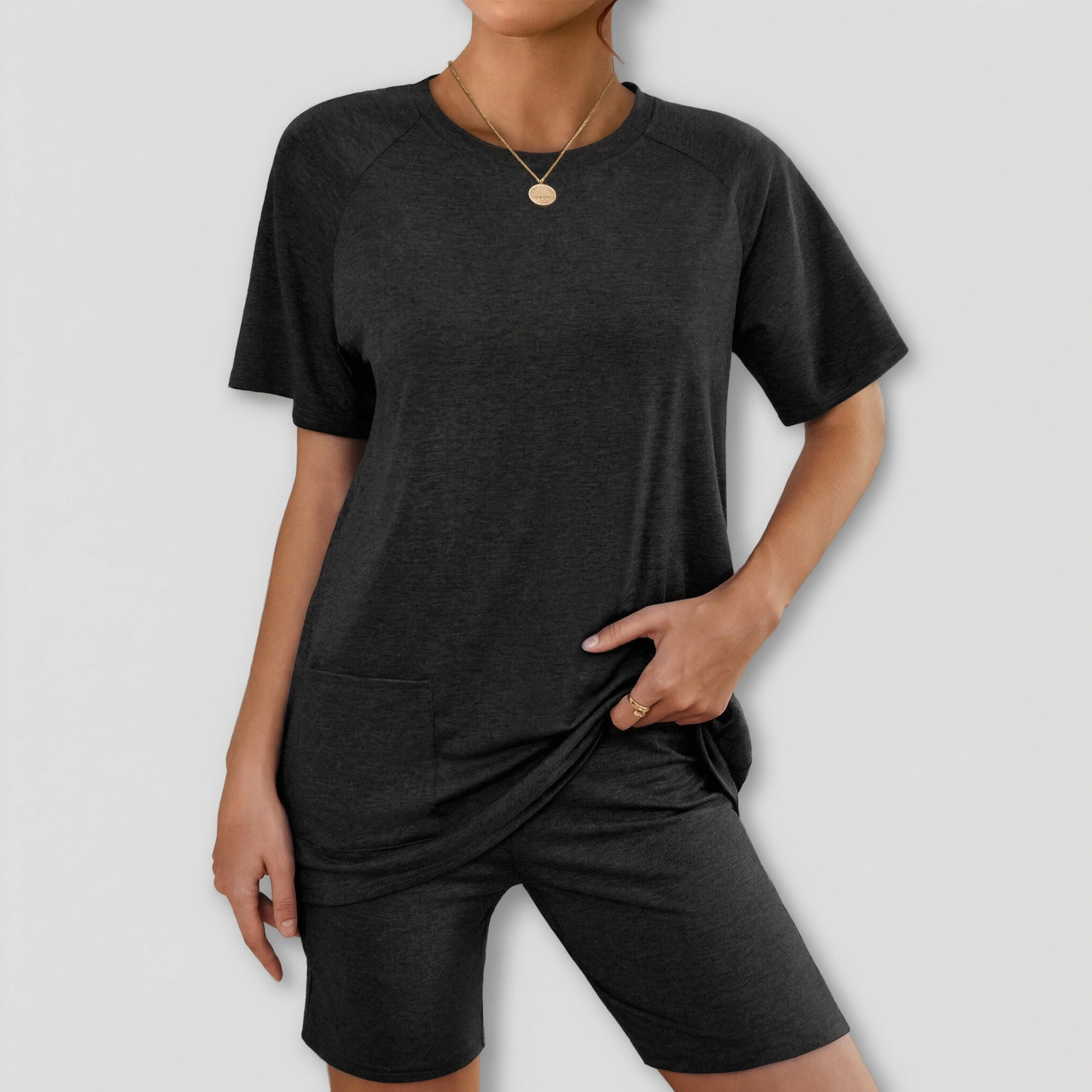 Ekouaer Women's 2-Piece Short-Sleeve Pocket Tee & Biker Shorts Lounge Outfit