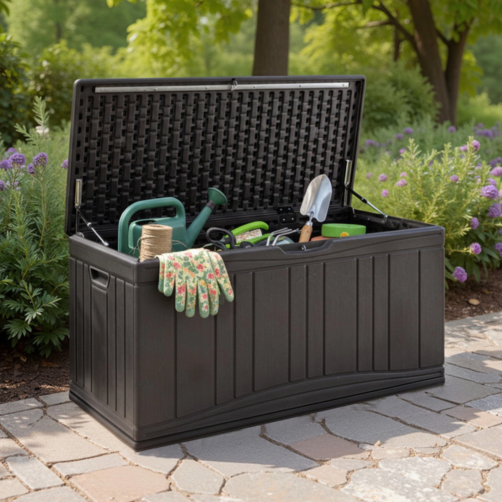 SUGIFT 80-Gallon Honeycomb Structure Lockable HDPE Outdoor Deck Storage Box 45-in x 22-in x 24-in 330-lb Brown
