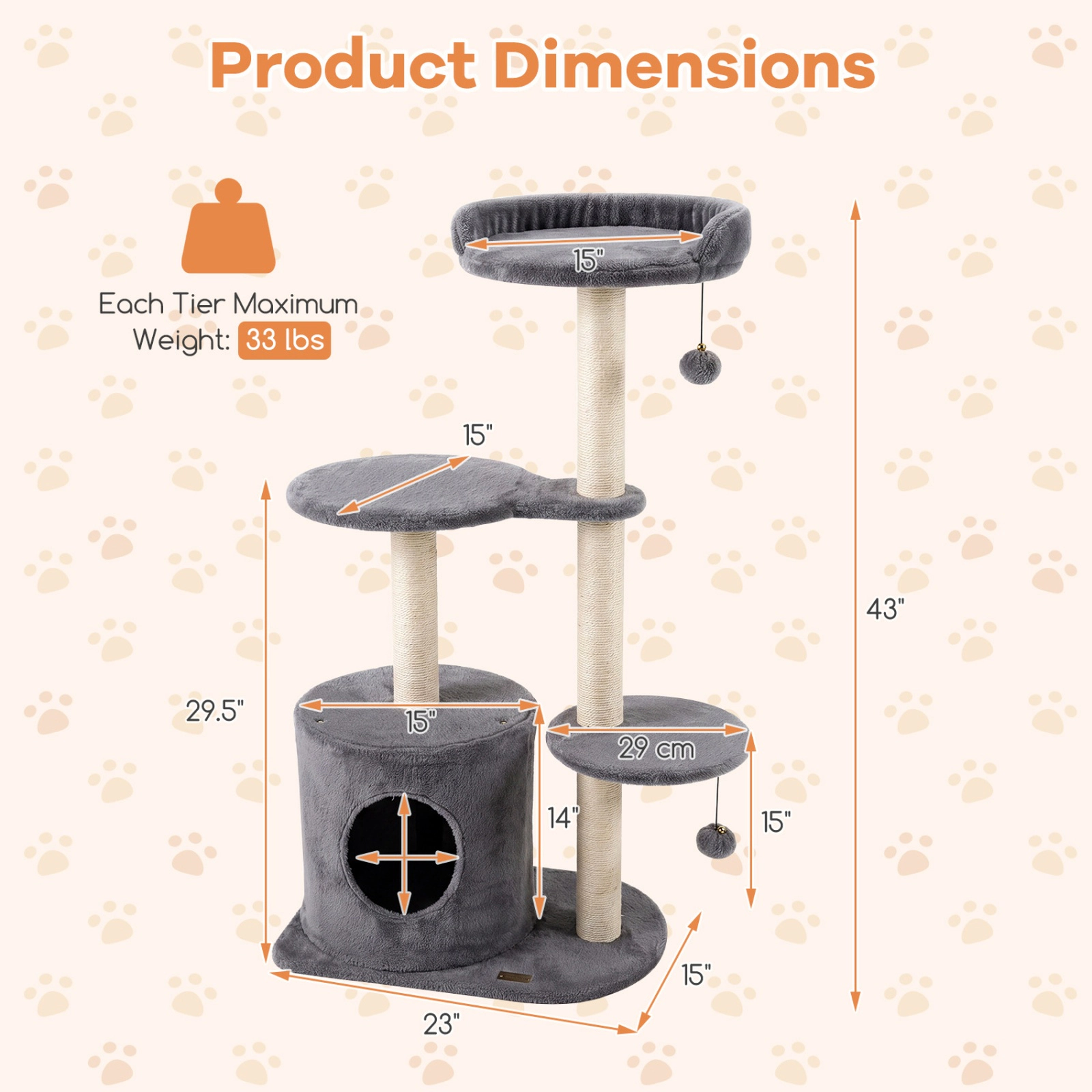 SUGIFT 43-in Gray Cat Tree Tower with Round Plush Perches and Sisal Scratching Posts 23-in Base W