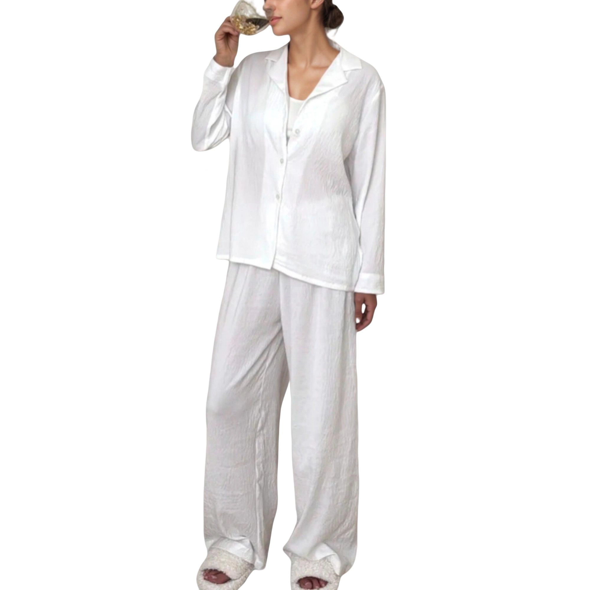 Anna-Kaci Women's Textured Button Down Pajama Set with Relaxed Fit Long Sleeve Shirt and Wide Leg Pants