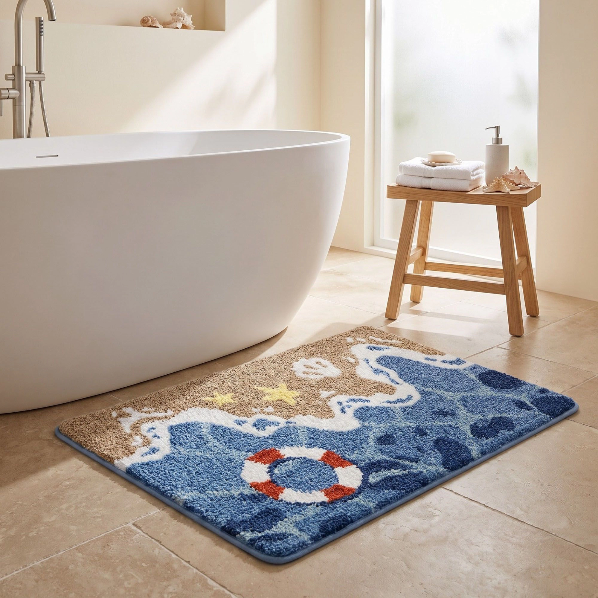 Alilang Unisex Coastal Ocean Wave Plush Bathroom Mat with Life Preserver and Seashell Design