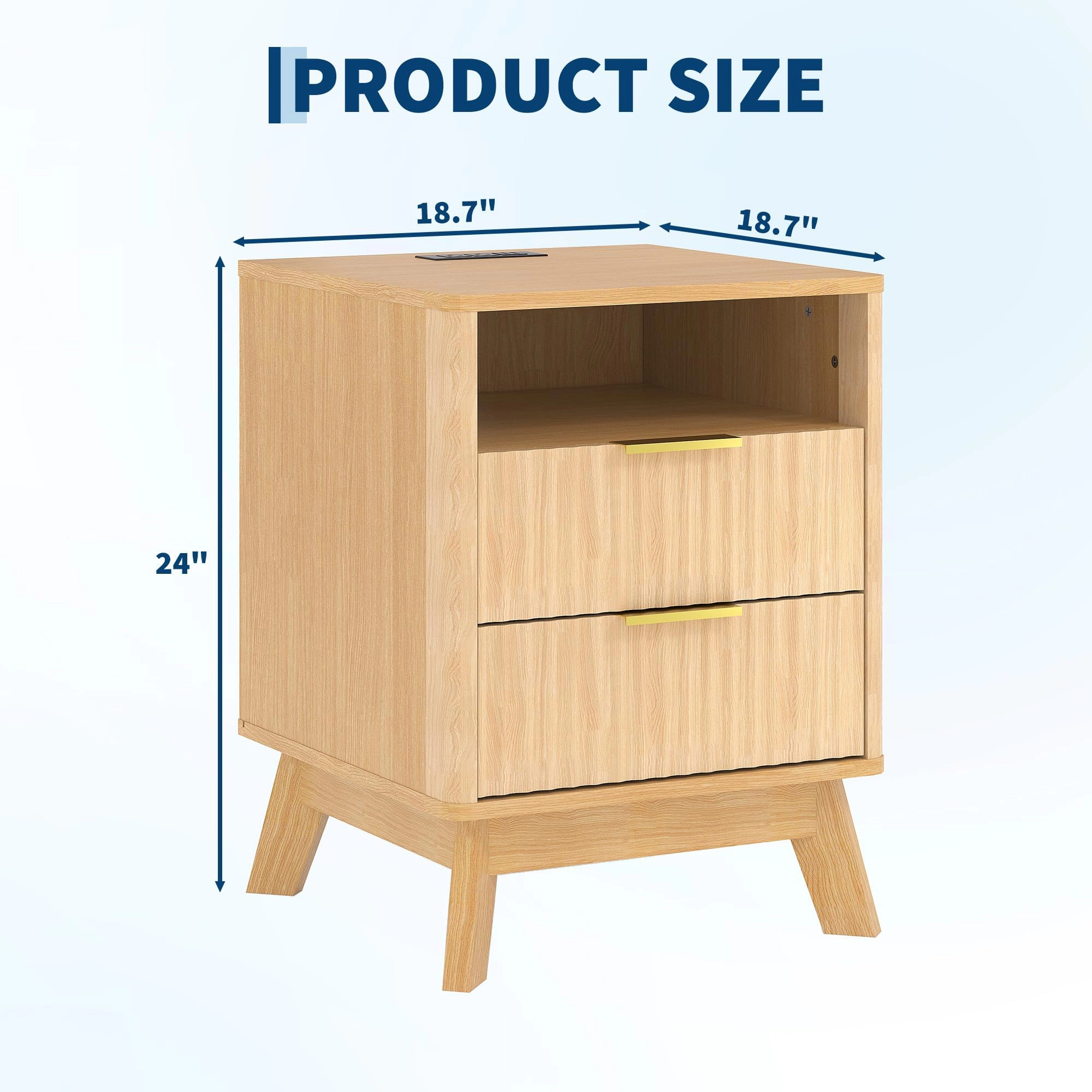 BebreezChic Fluted Nightstand with Charging Station, 2-Drawer Bedside Table with Open Shelf, 2 AC Outlets