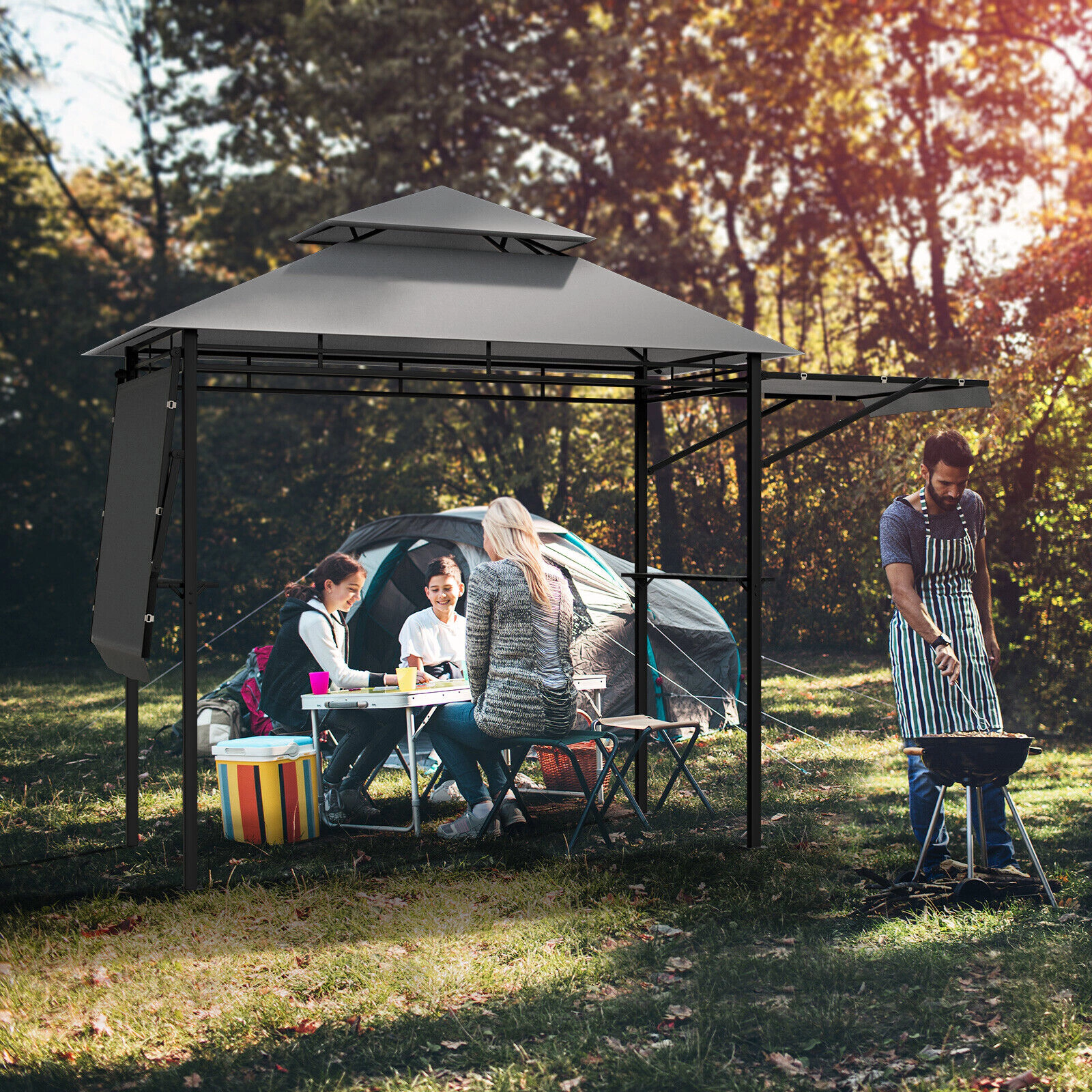 SUGIFT Patio BBQ Grill Gazebo Canopy with 2-Tier Roof and Dual Adjustable Side Awnings Beige/Gray