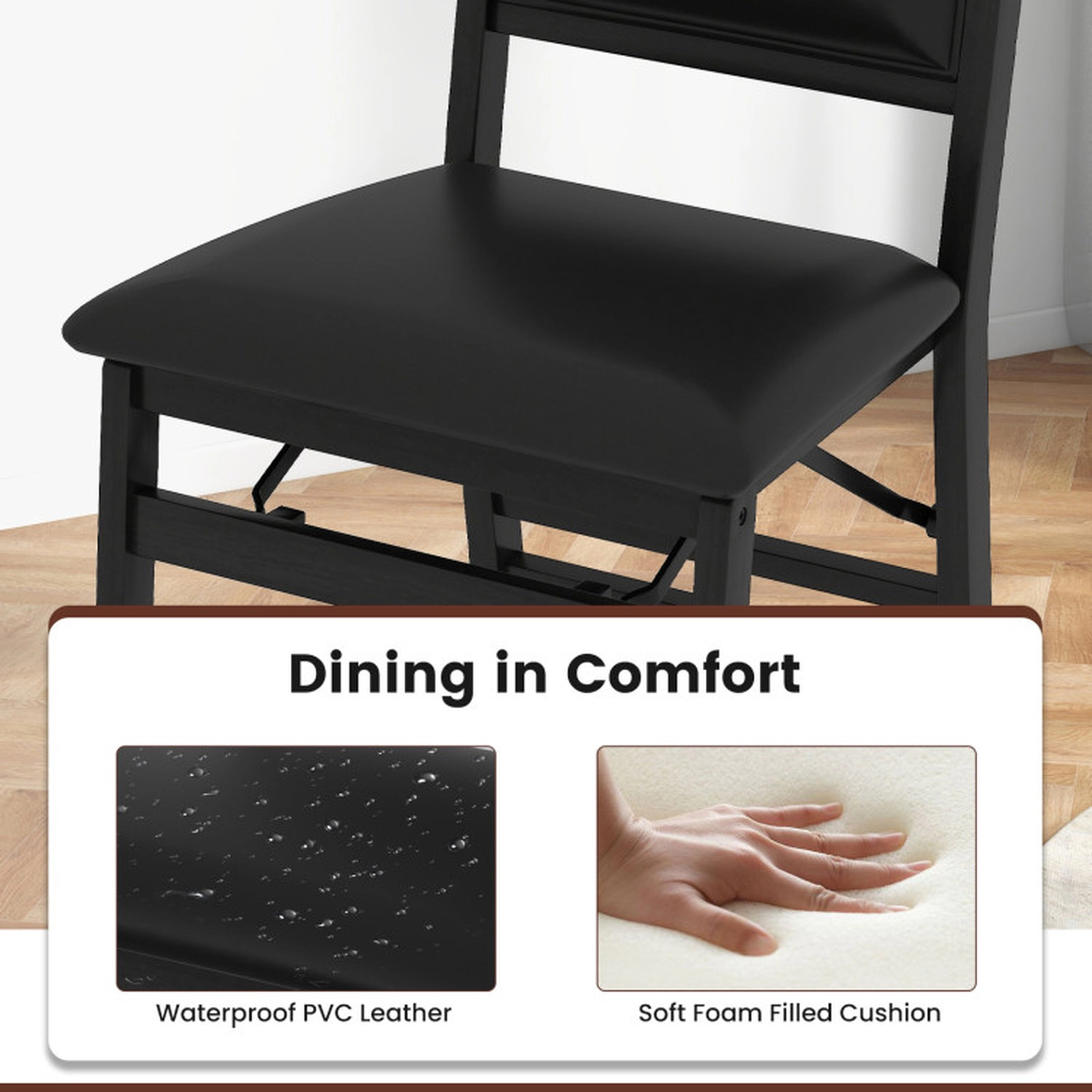 SUGIFT Set of 4 Black PU Leather Padded Folding Dining Chairs, 400-Lb Capacity, High Backrest