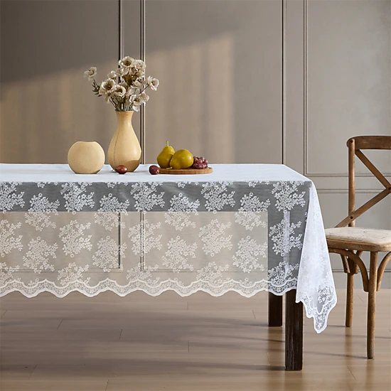 HLC.ME Jolene Floral Scalloped Lace Fabric Wrinkle Resistant Tablecloth