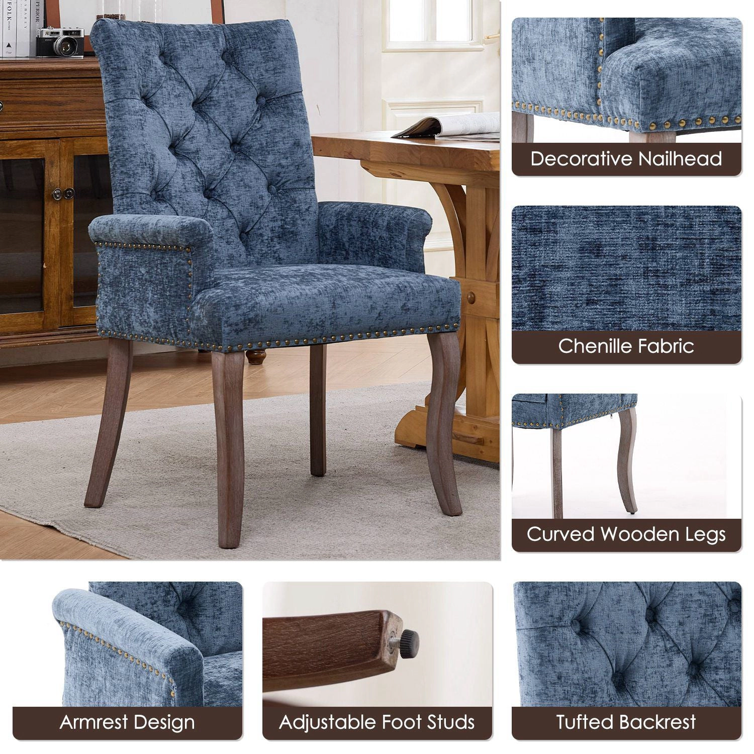 GBruno Tufted Chenille Dining Chair With Nailhead Trim