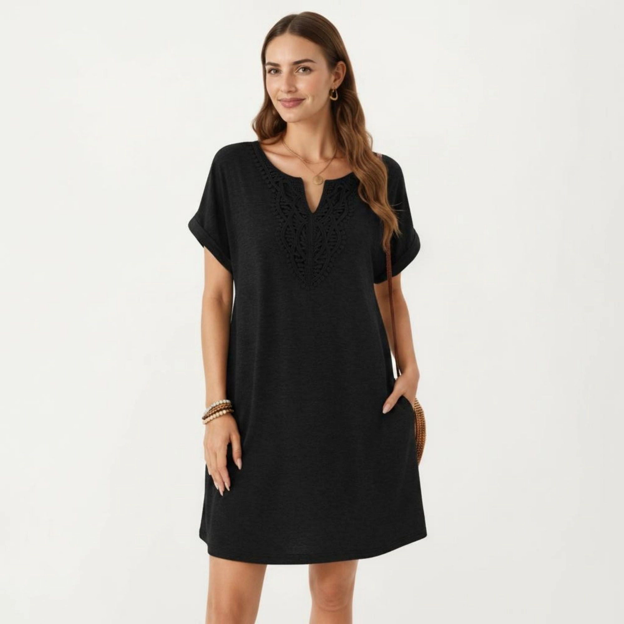 Anna-Kaci Women's Short Sleeve Split V Neck Embroidered Detail Relaxed Fit Casual Tunic Shift Dress