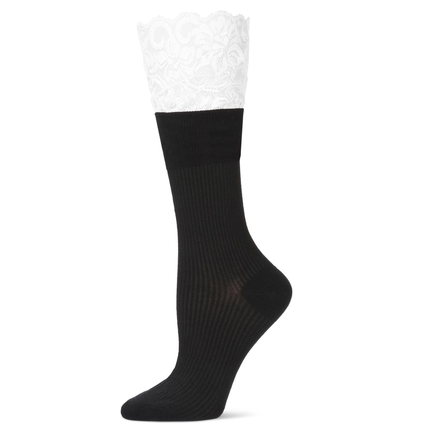 MeMoi Women's Delicate Lace Slant Ribbed Crew Socks