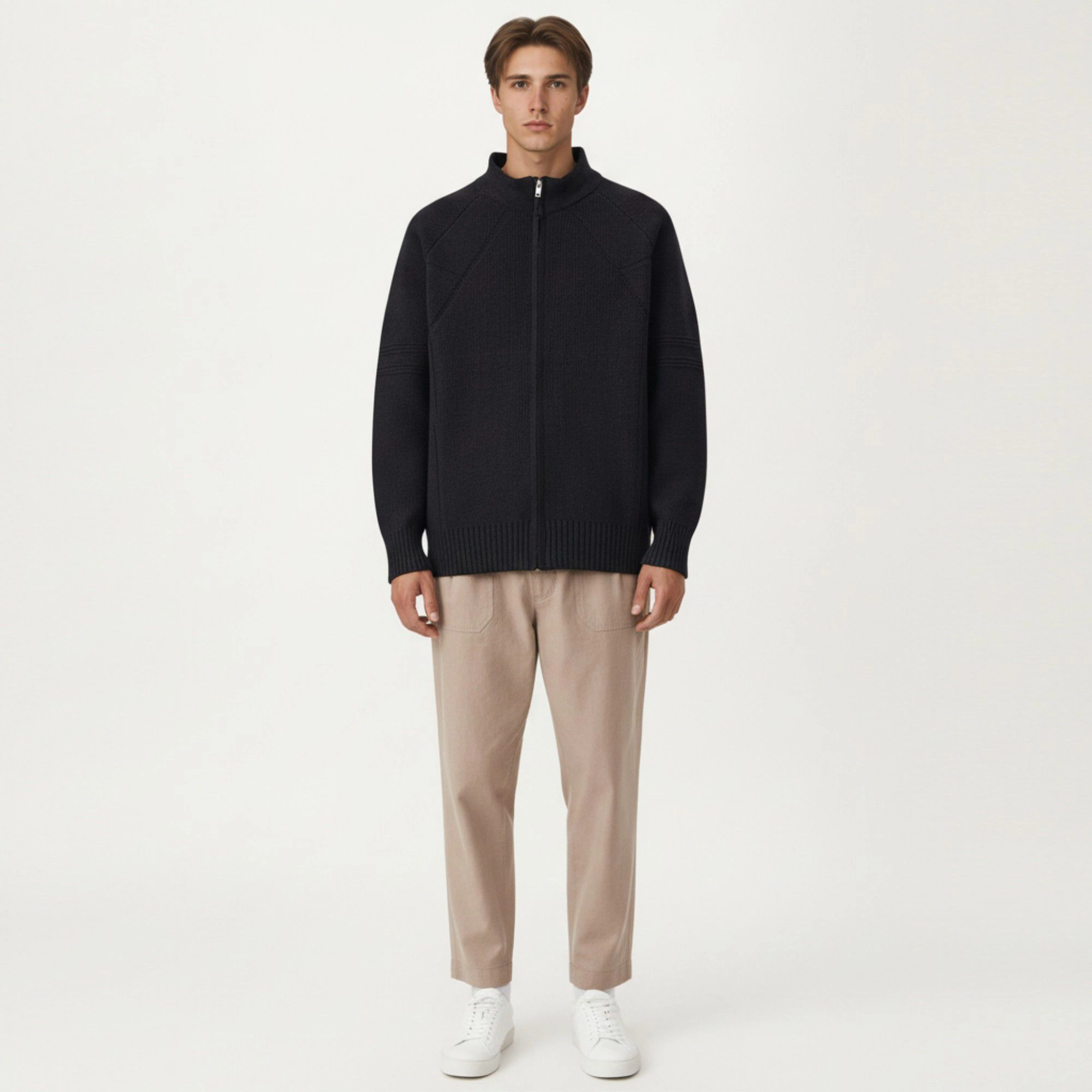 Anna-Kaci Men's Long Sleeve Full Zip Knit Sweater Jacket with Stand Collar Ribbed Trim and Relaxed Fit