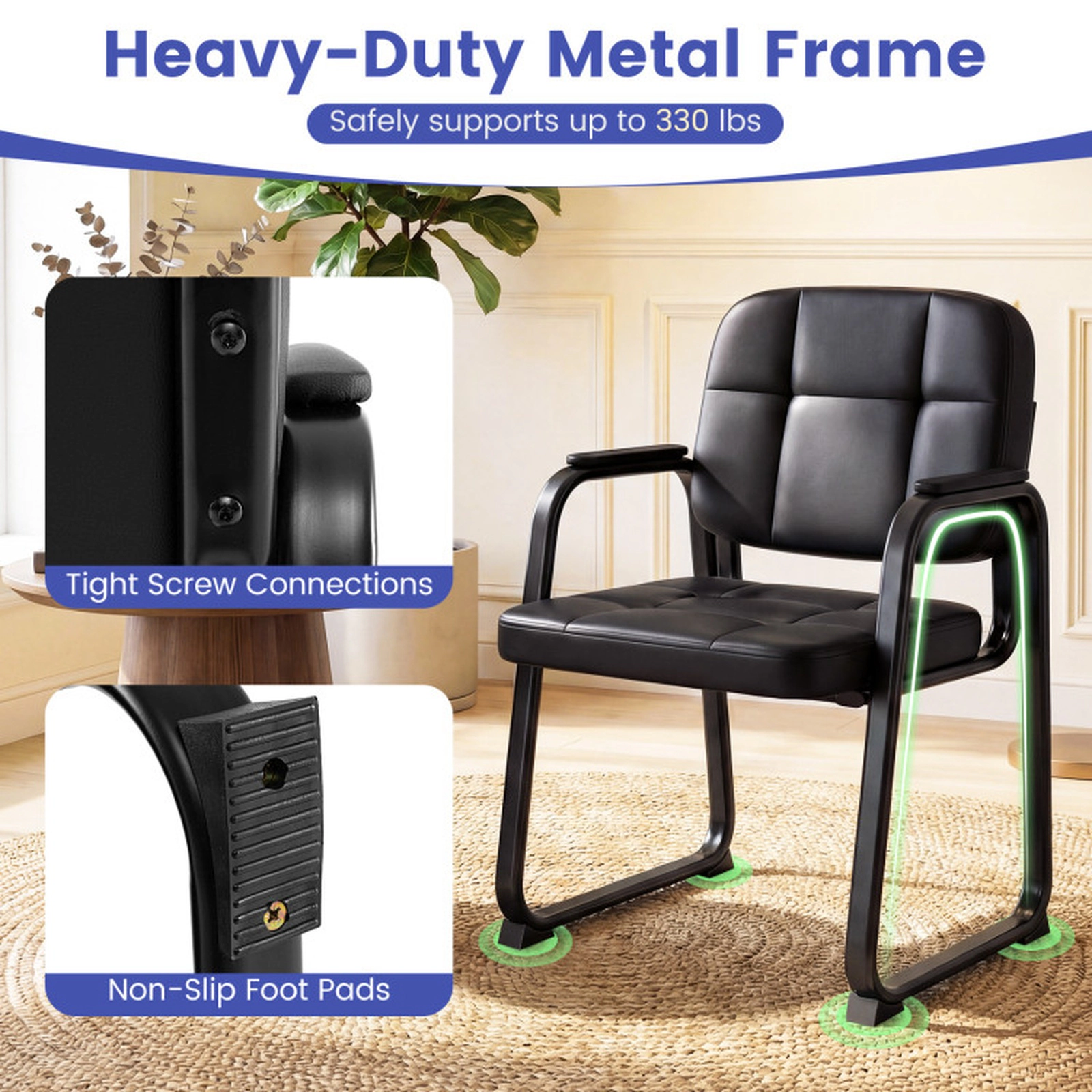SUGIFT Set of 4 Black 330-lb Capacity PVC Leather Padded Armchairs with Sled Base and Cushioned Seat