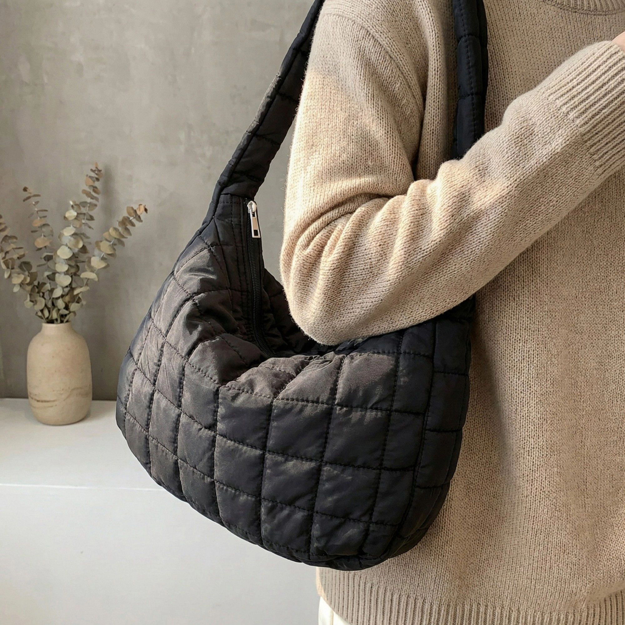 Alilang Women's Quilted Shoulder Bag with Padded Strap Soft Lightweight Nylon Construction and Curved Silhouette