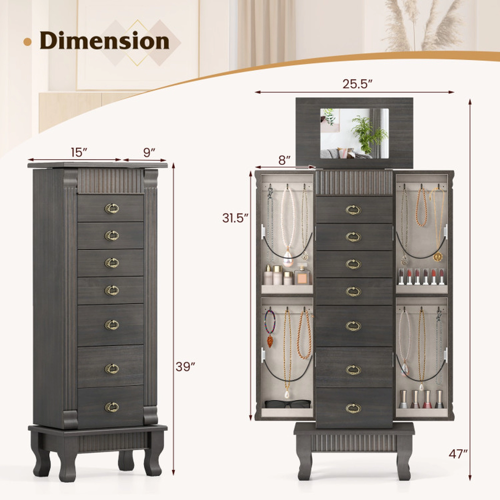 SUGIFT Gray Freestanding Jewelry Armoire with 7 Drawers, 2 Swing Doors and Mirror