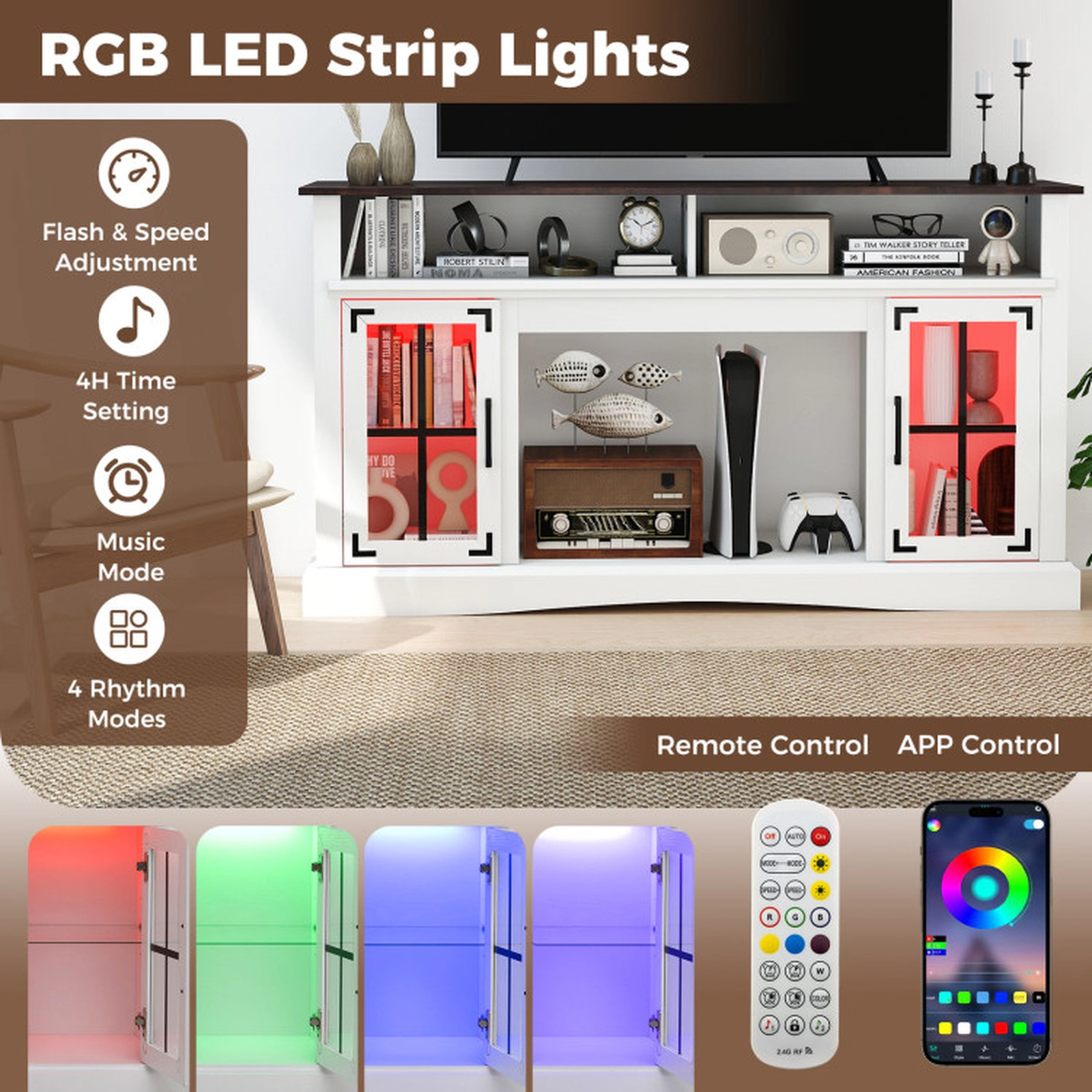 SUGIFT 58-Inch LED TV Stand for TVs up to 50 Inches, 225-Lb Capacity, App and Remote Control