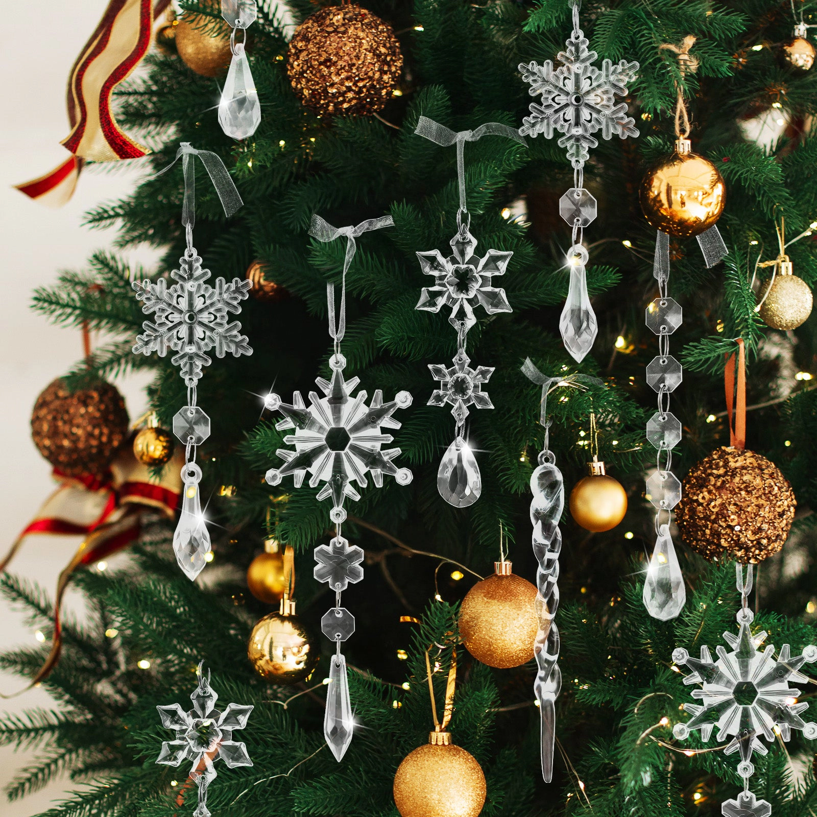 Wrapables 22pcs Christmas Tree Ornaments, Acrylic Hanging Snowflakes and Icicles Decorations for Winter New Year Parties