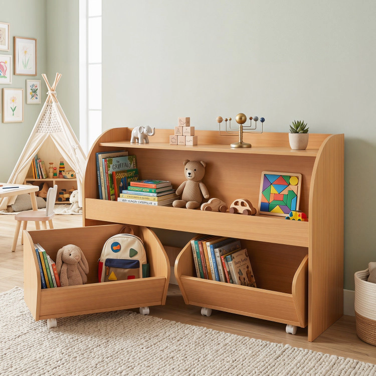 Hivvago Kids Toy Storage Organizer with 2 Rolling Drawers & 3-Tier Bookshelf for Playroom