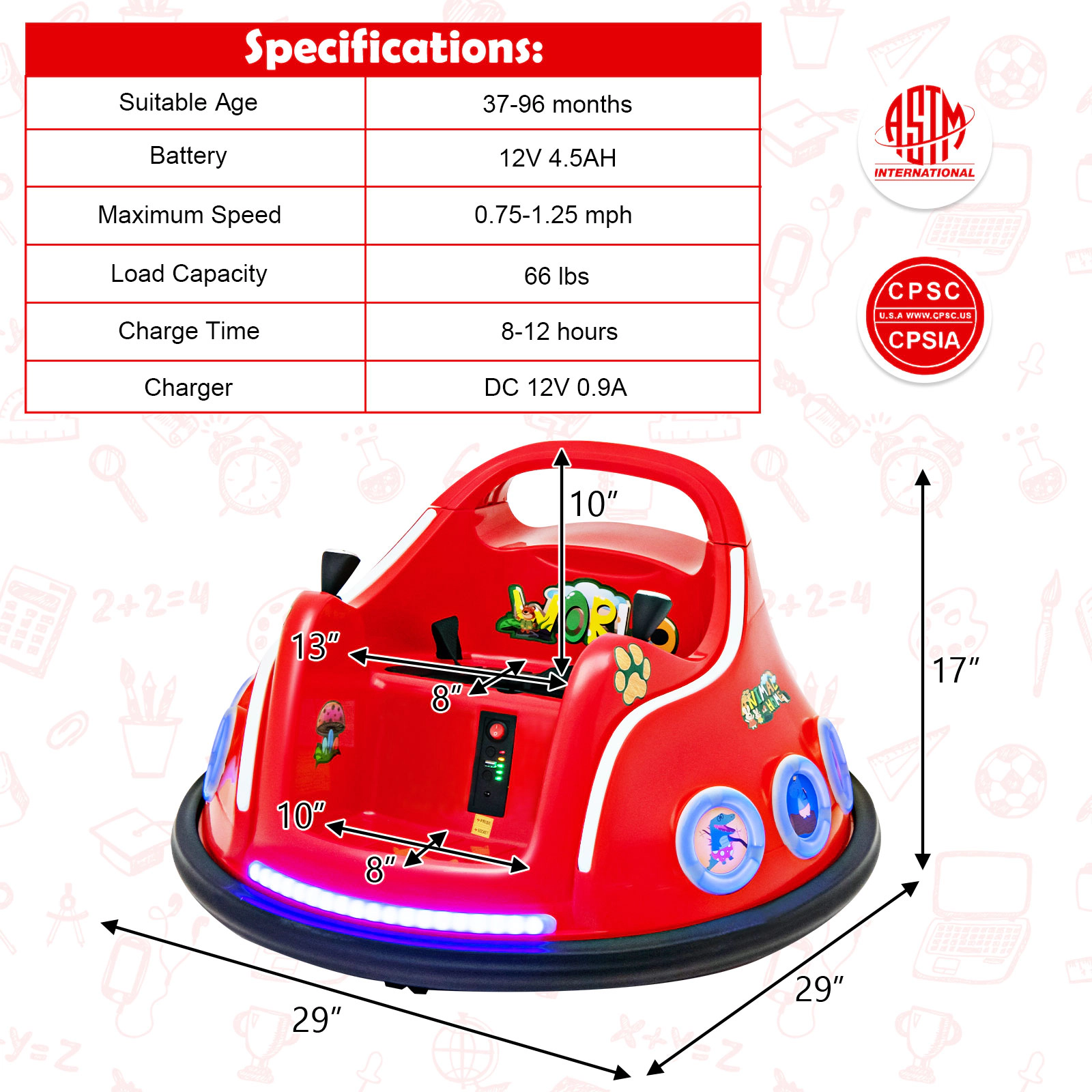 SUGIFT 12V Electric Ride On Car with Remote Control and Flashing LED Lights 66-lb/110-lb Capacity Ages 37-96 Months Red