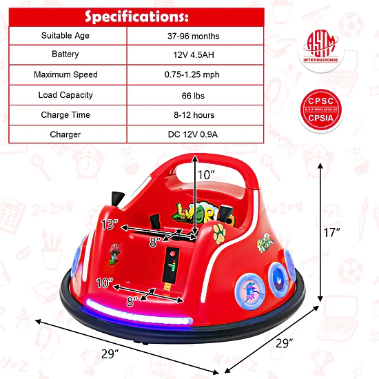 SUGIFT 12V Electric Ride On Car with Remote Control and Flashing LED Lights 66-lb/110-lb Capacity Ages 37-96 Months Red